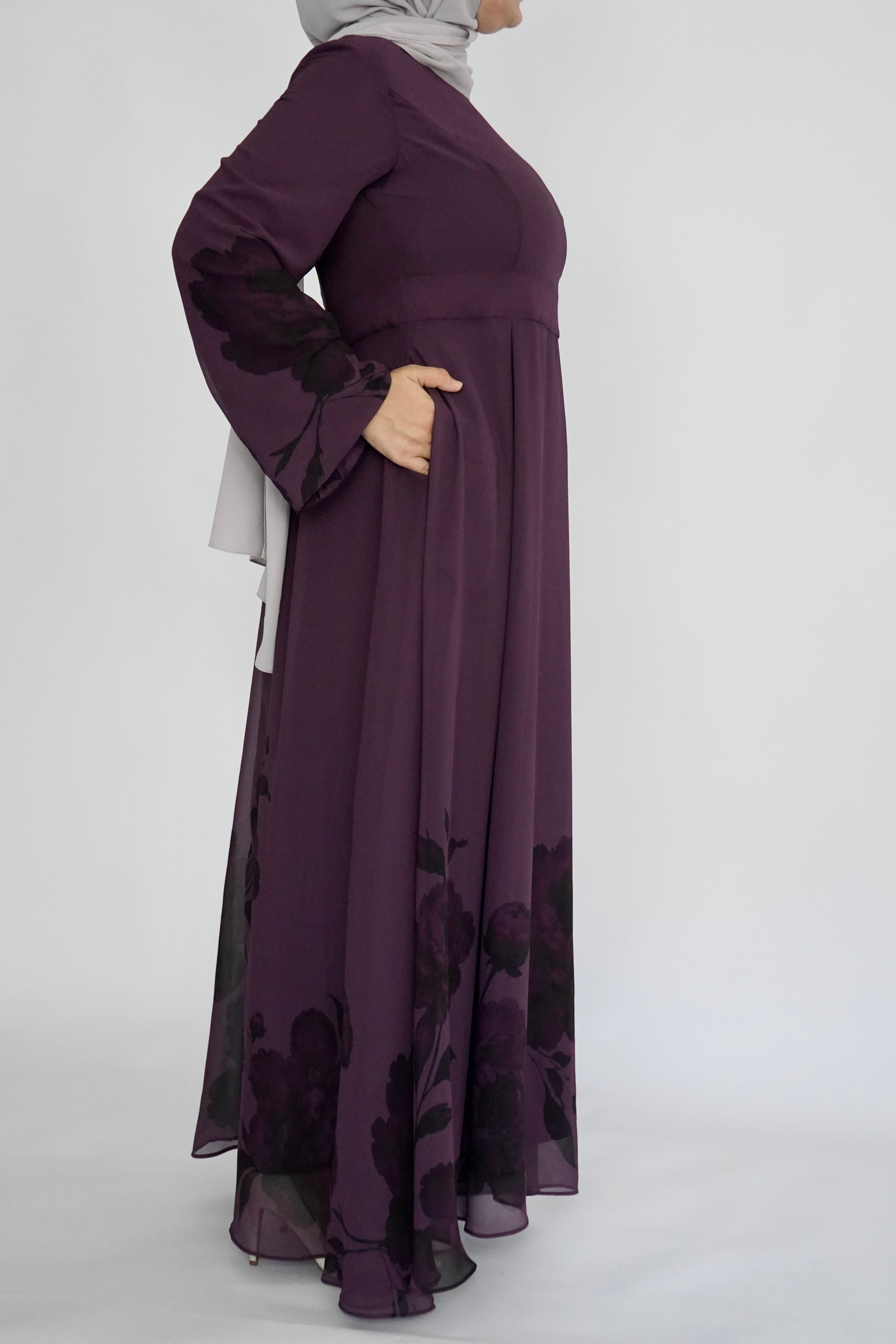 Plum Floral Print Dress - Chiffon