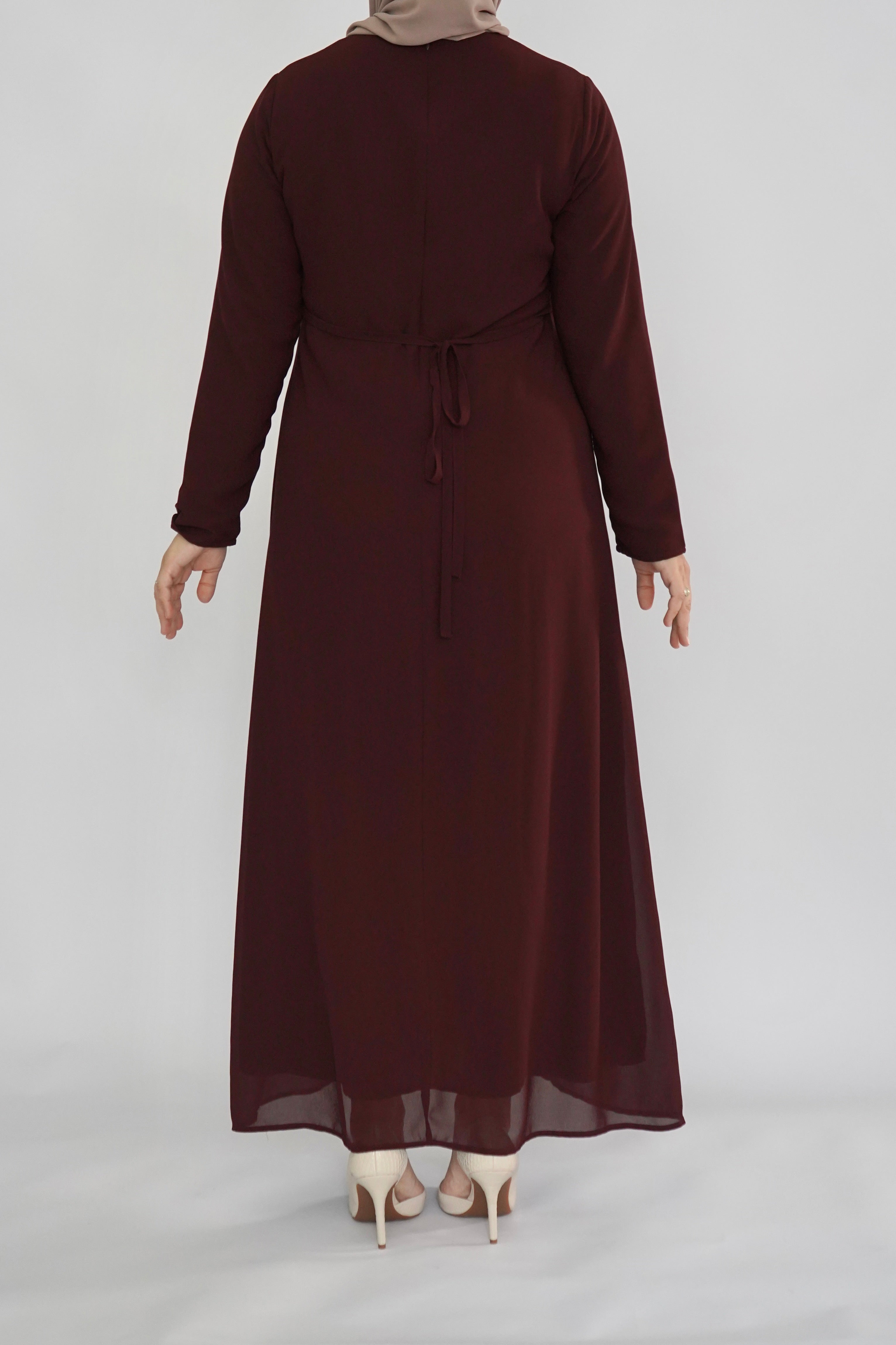 Two Piece Tiered Chiffon Abaya - Deep Maroon