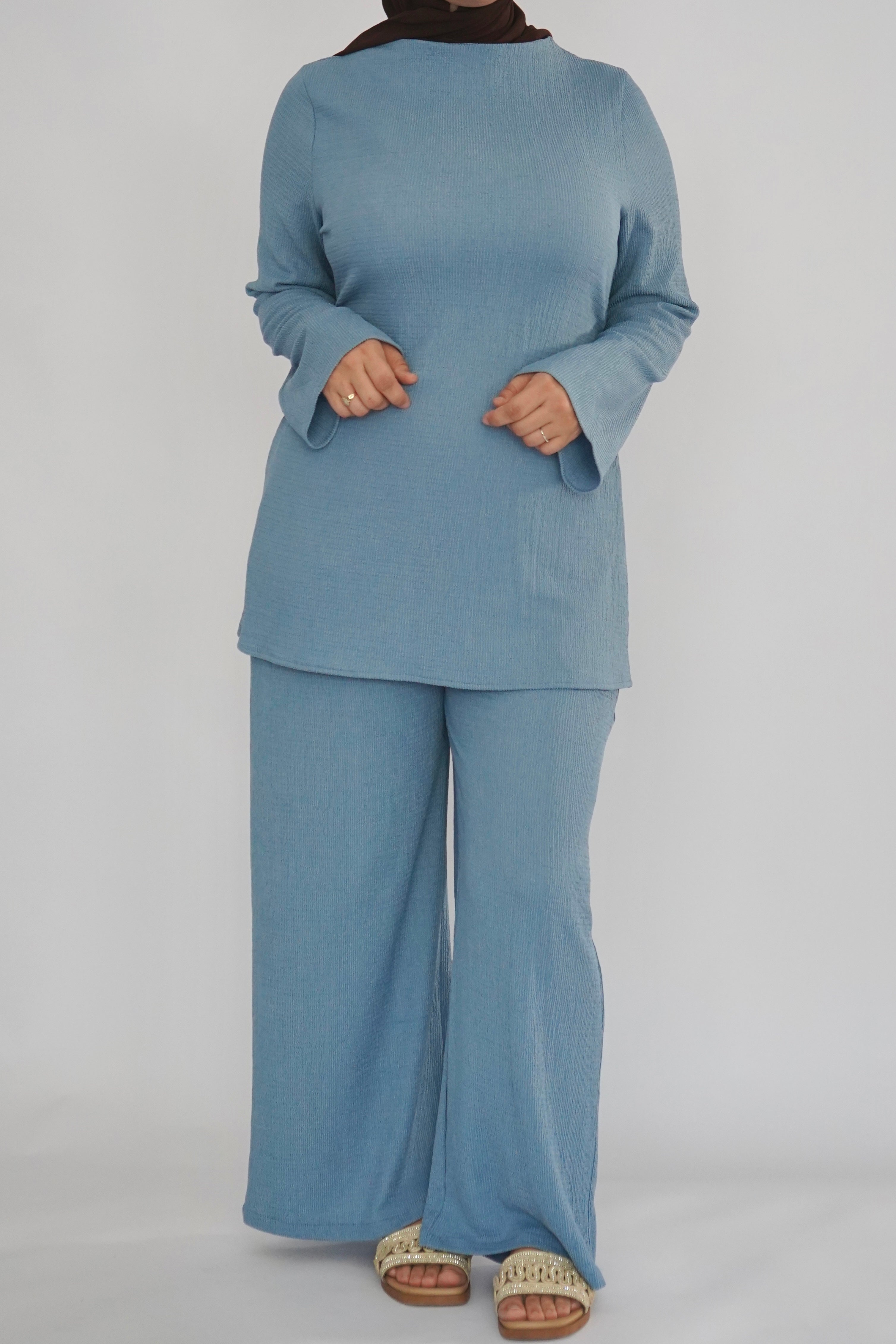 Textured Tunic & Pants Set - Dusty Blue
