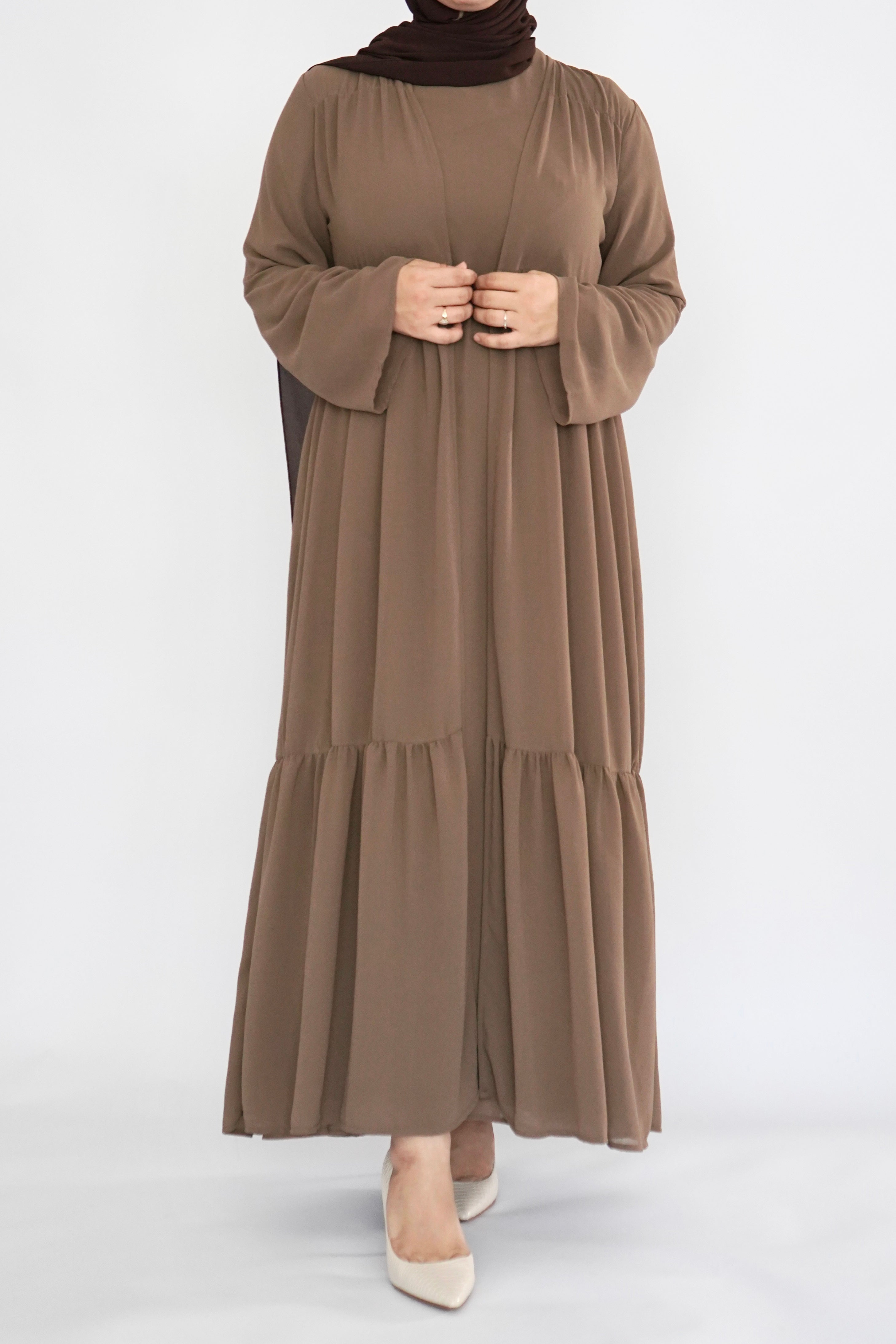 Two Piece Tiered Chiffon Abaya - Toffee
