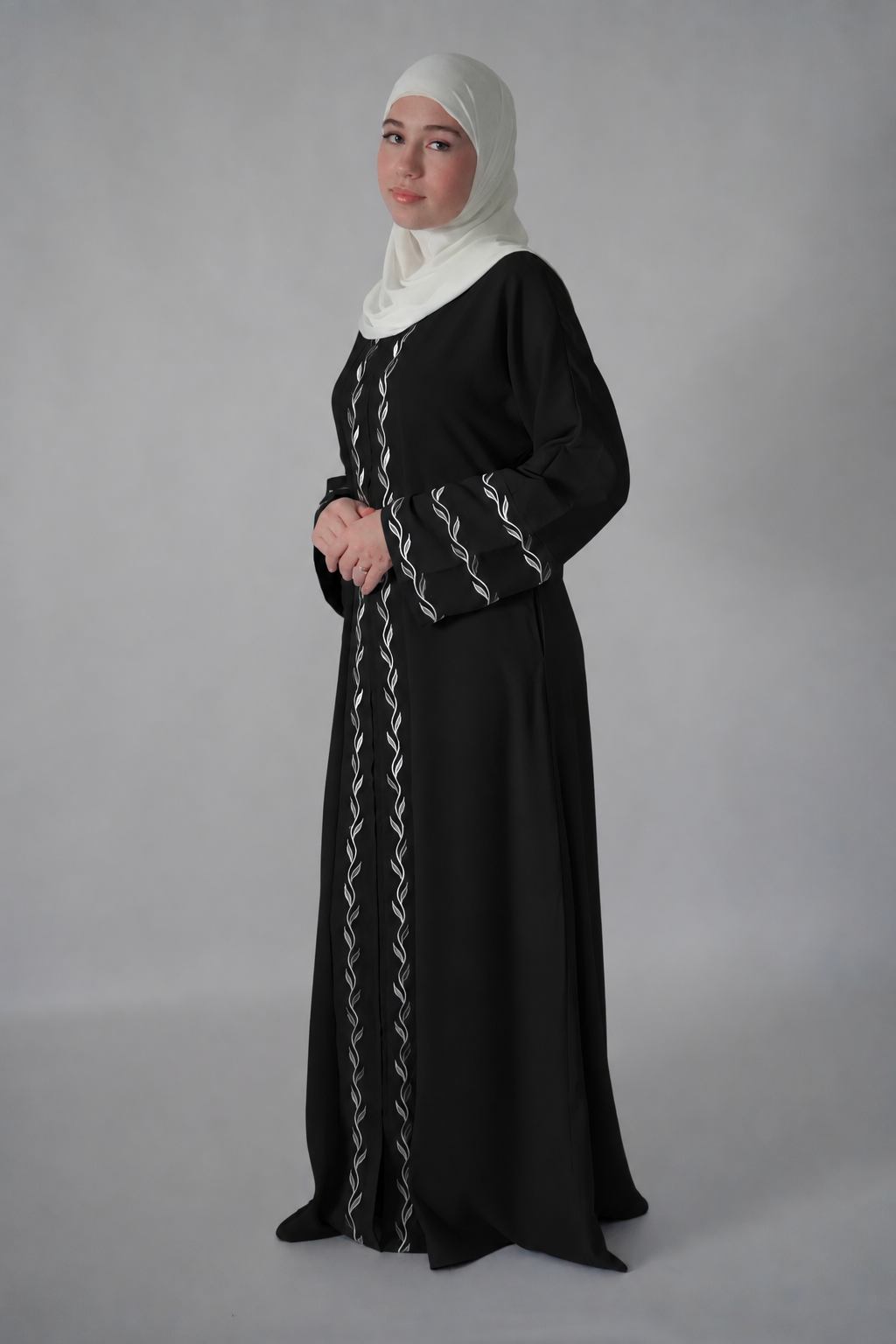Zip Up Embroidery Abaya - Black