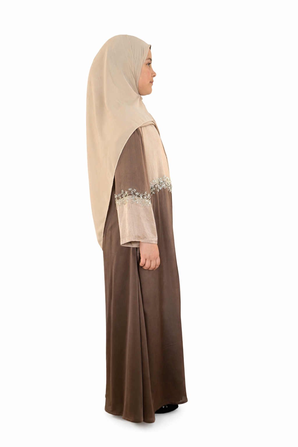 Kids Two Piece Beaded Abaya - Brown