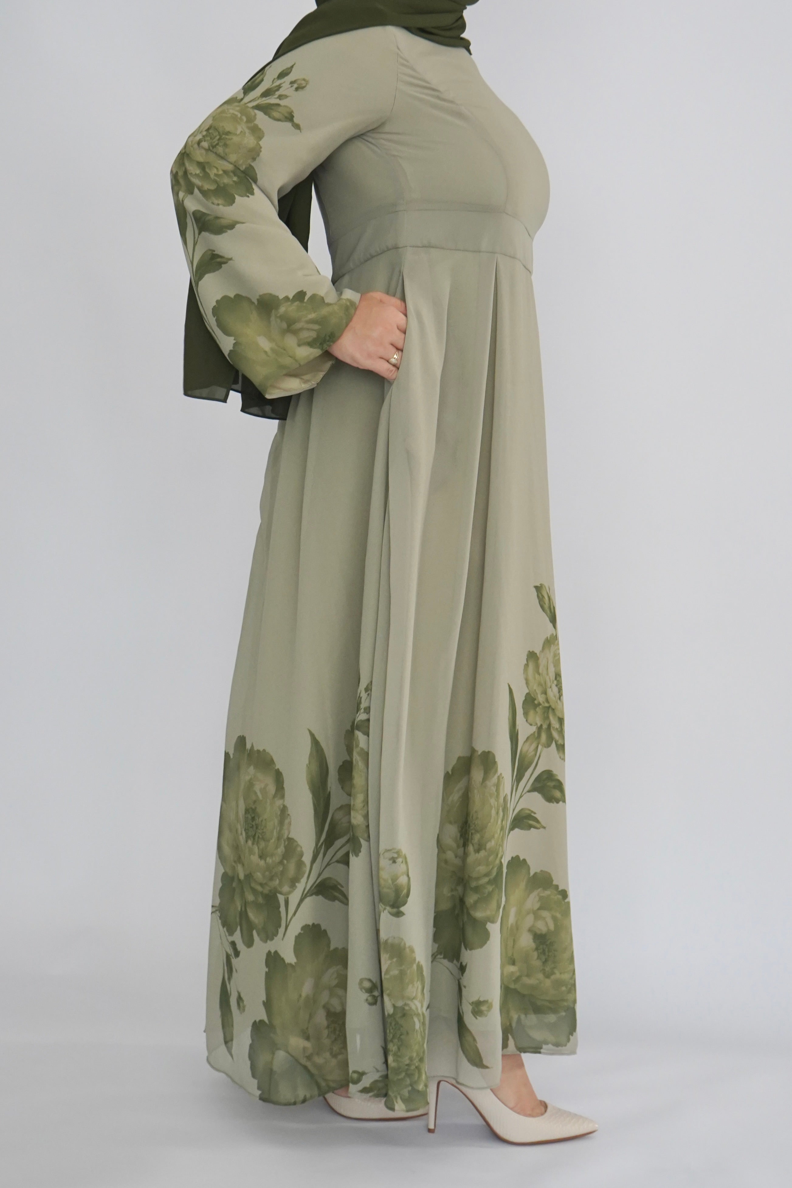 Olive Floral Print Dress - Chiffon