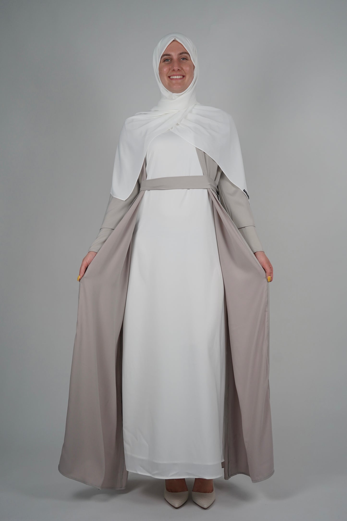 Two Piece Open Front Satin Abaya - Stone