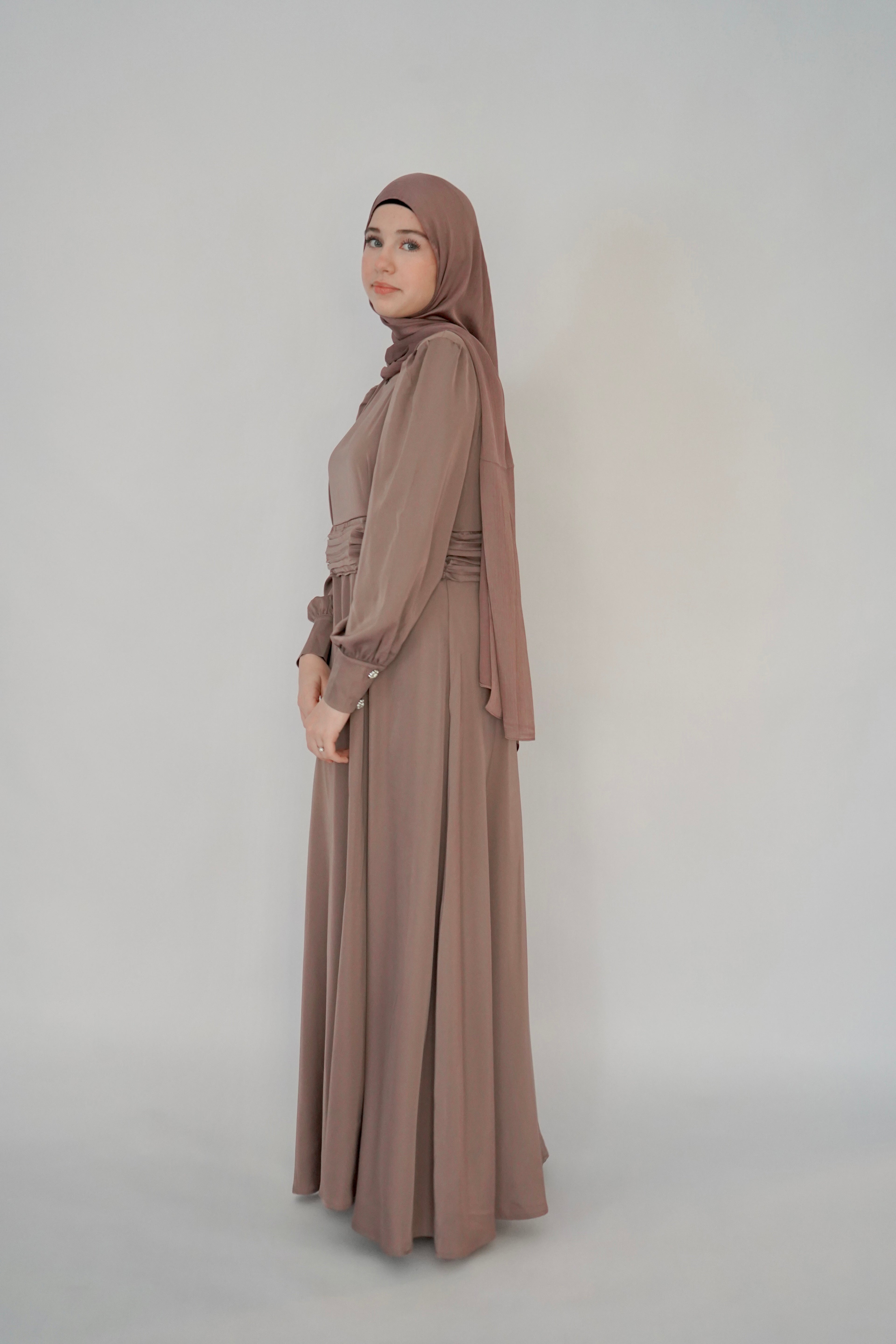 satin mauve dress Rosalind Midi in length silhouette Dark Mauve Bridesmaid Dress Shiny