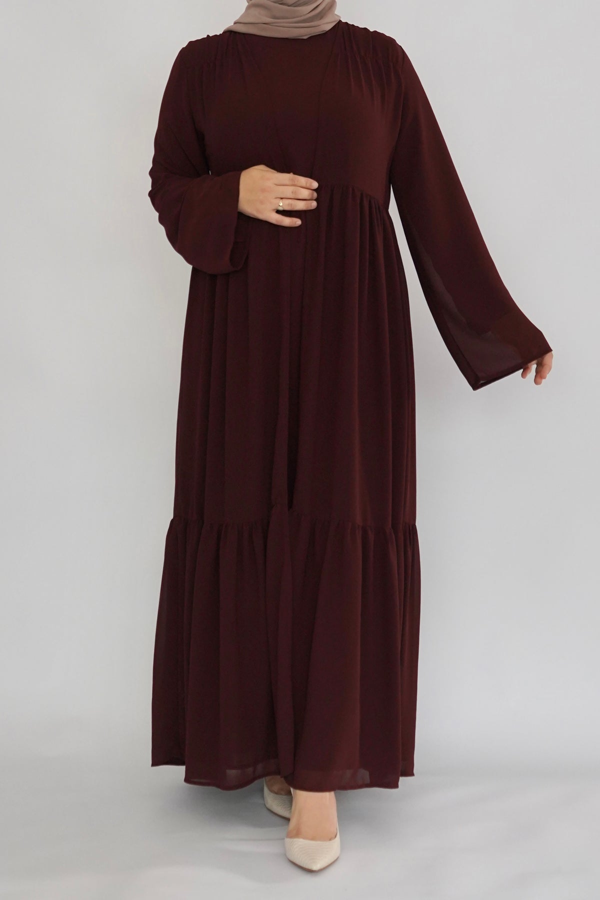 Two Piece Tiered Chiffon Abaya - Deep Maroon