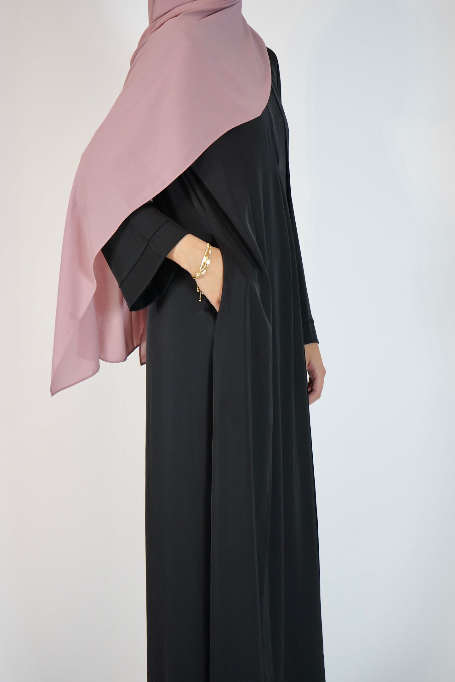 Satin Front Fold Abaya - Black