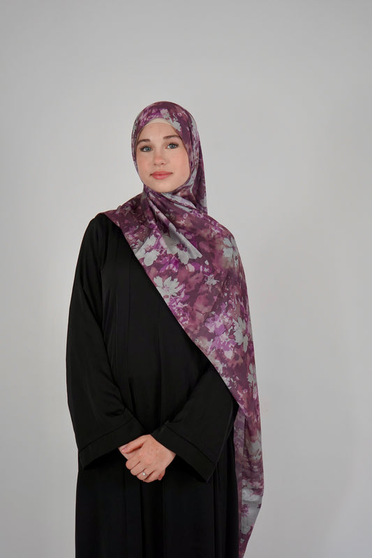 Printed Satin Hijab - Berry Bloom
