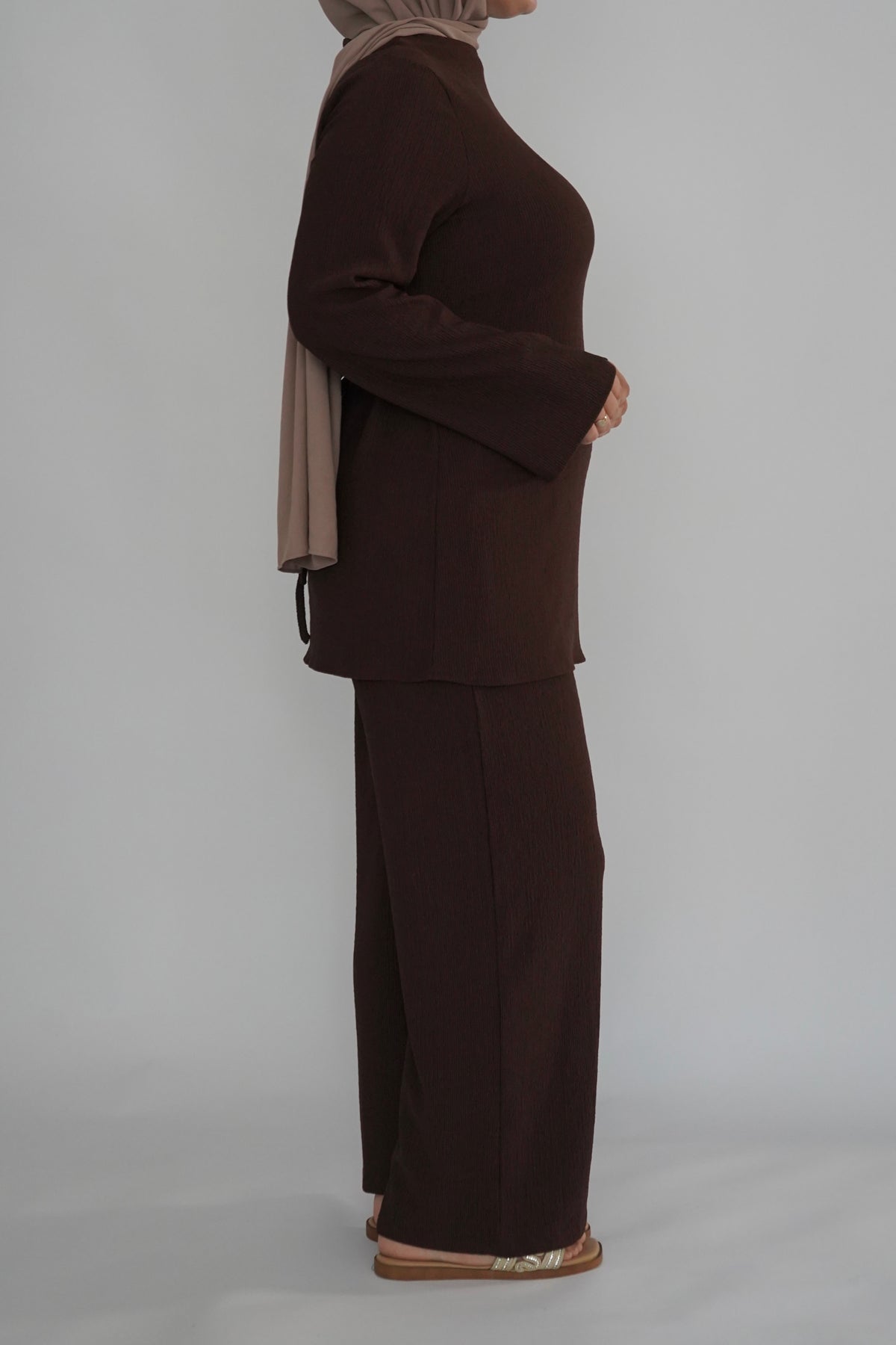 Textured Tunic & Pants Set - Espresso Brown