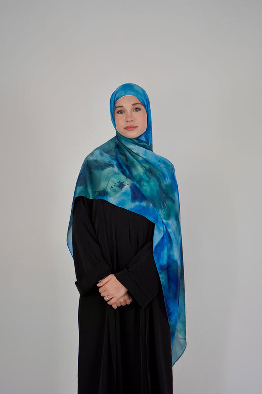Printed Satin Hijab - Blue Tide