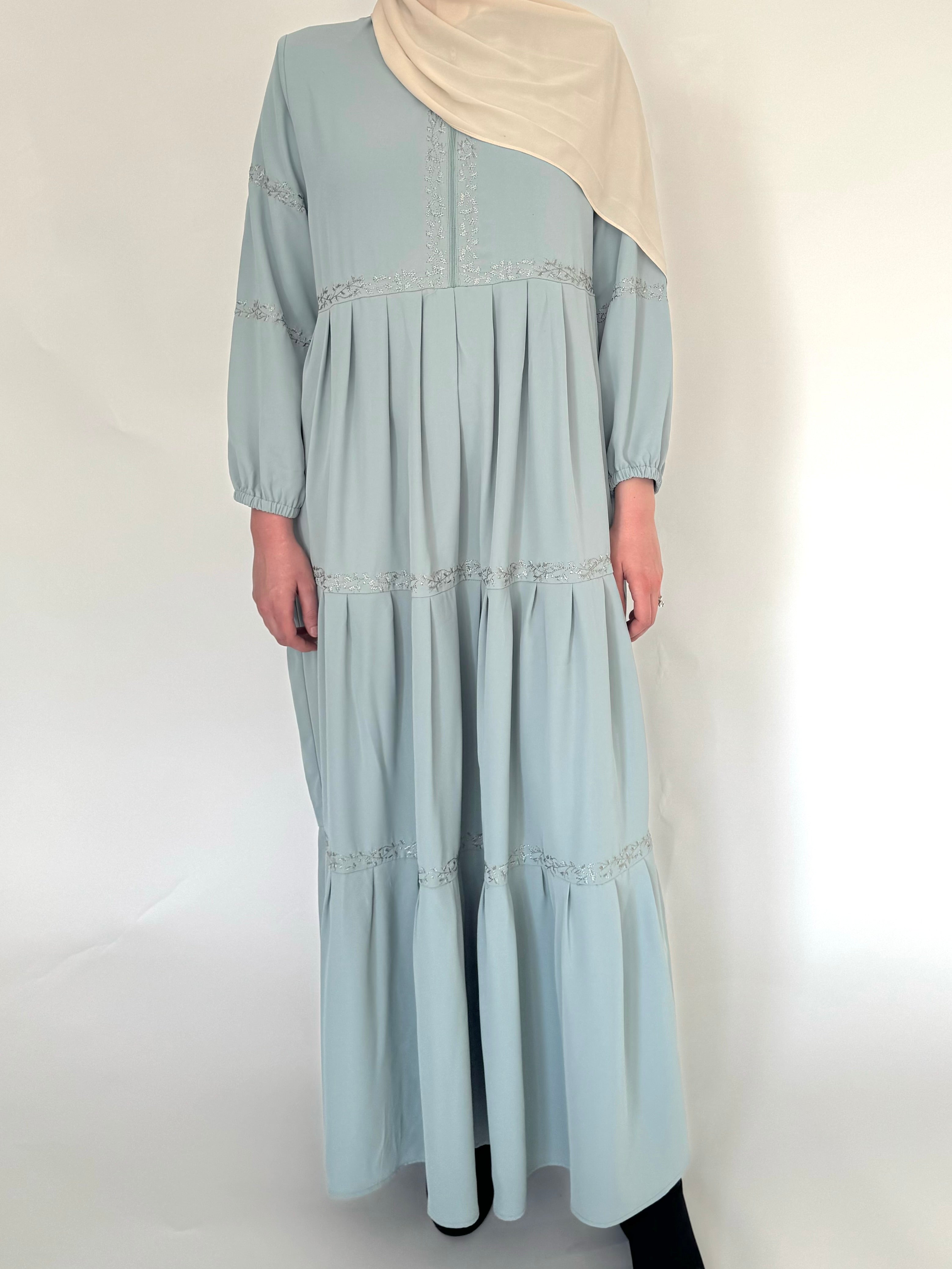 Three Tier Pleated Embroidered Dress - Mint Green