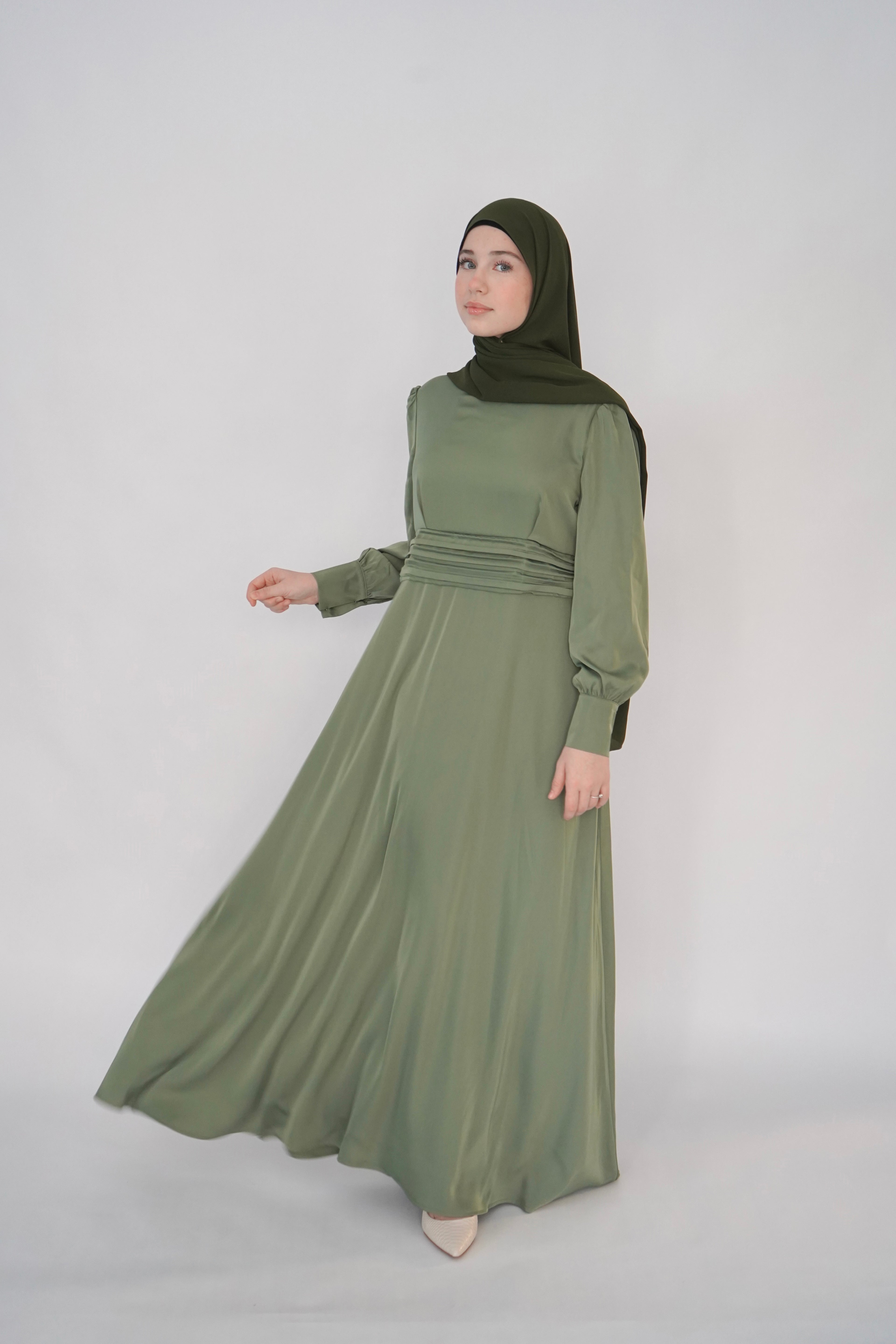 Satin Dress - Olive - 60 length / Medium Satin Dress - Olive - 60 length / Medium