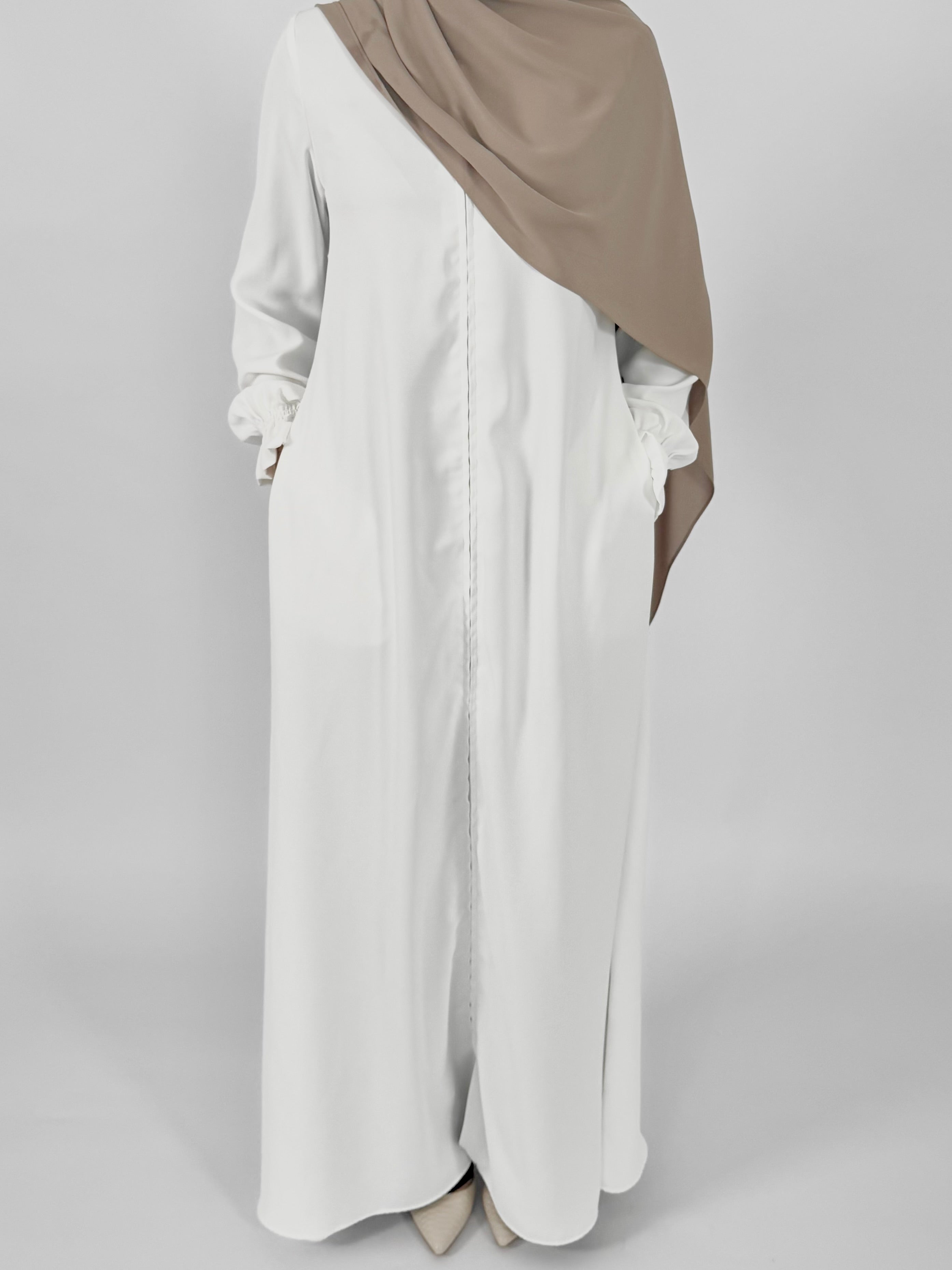Zip Up Poet Sleeve Abaya - White