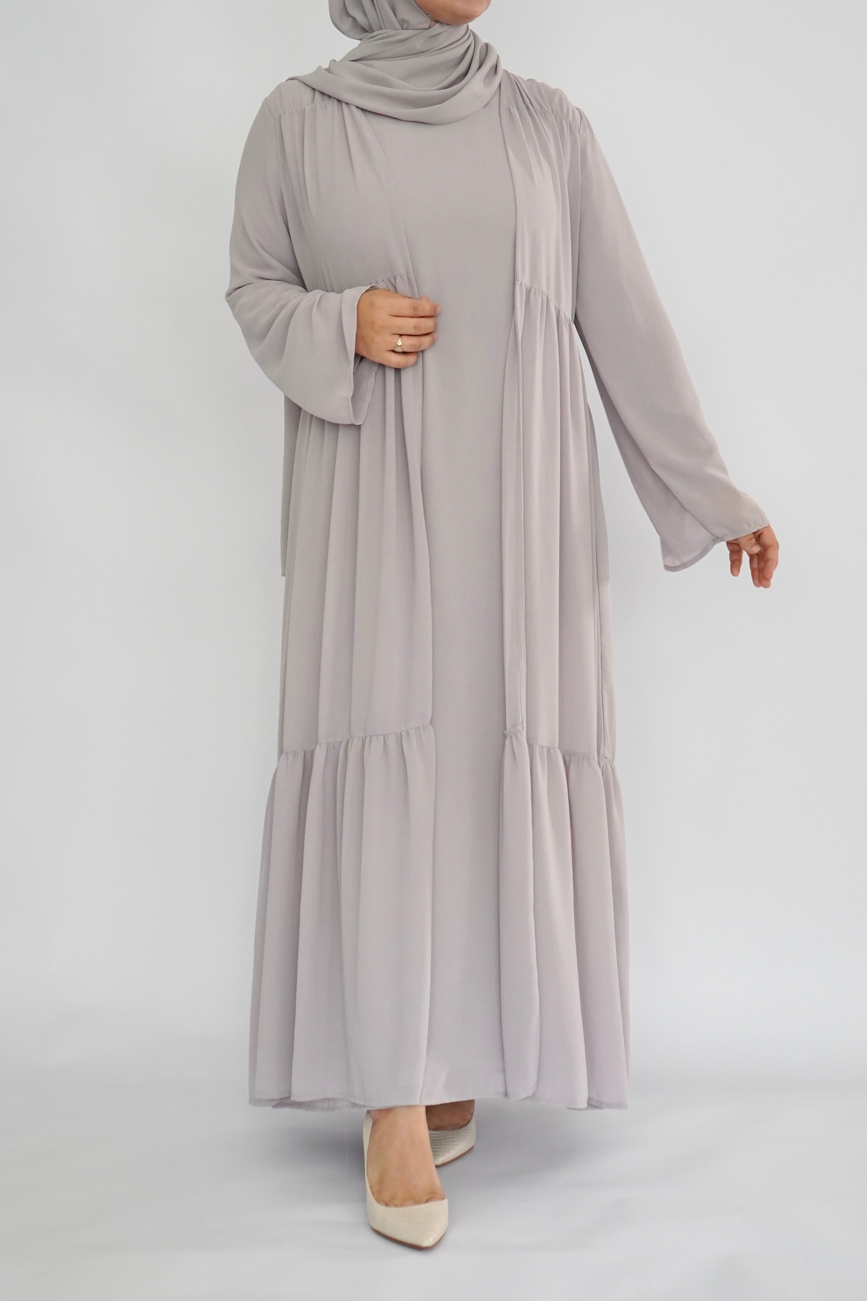 Two Piece Tiered Chiffon Abaya - Soft Lavender