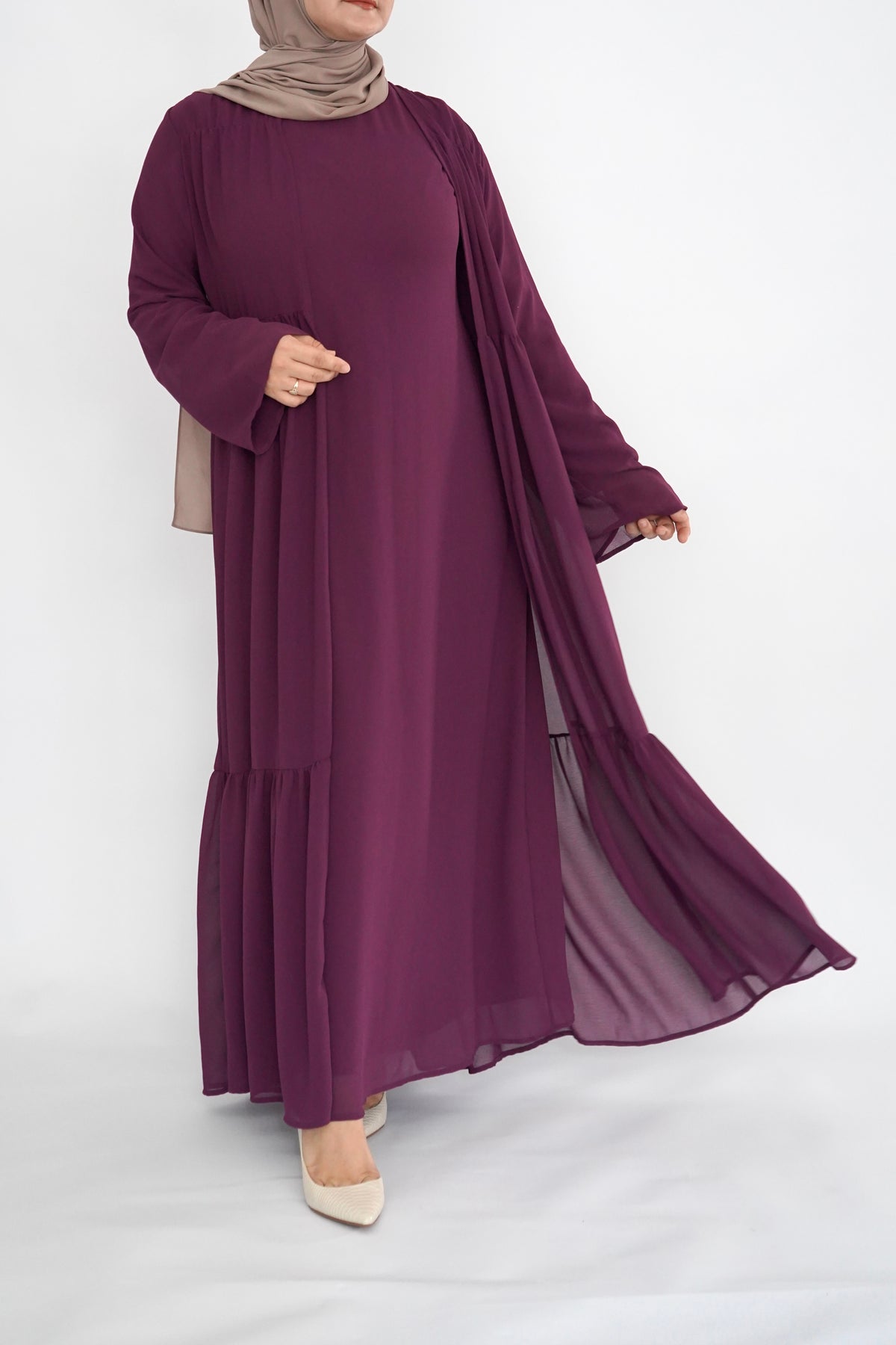 Two Piece Tiered Chiffon Abaya - Plum