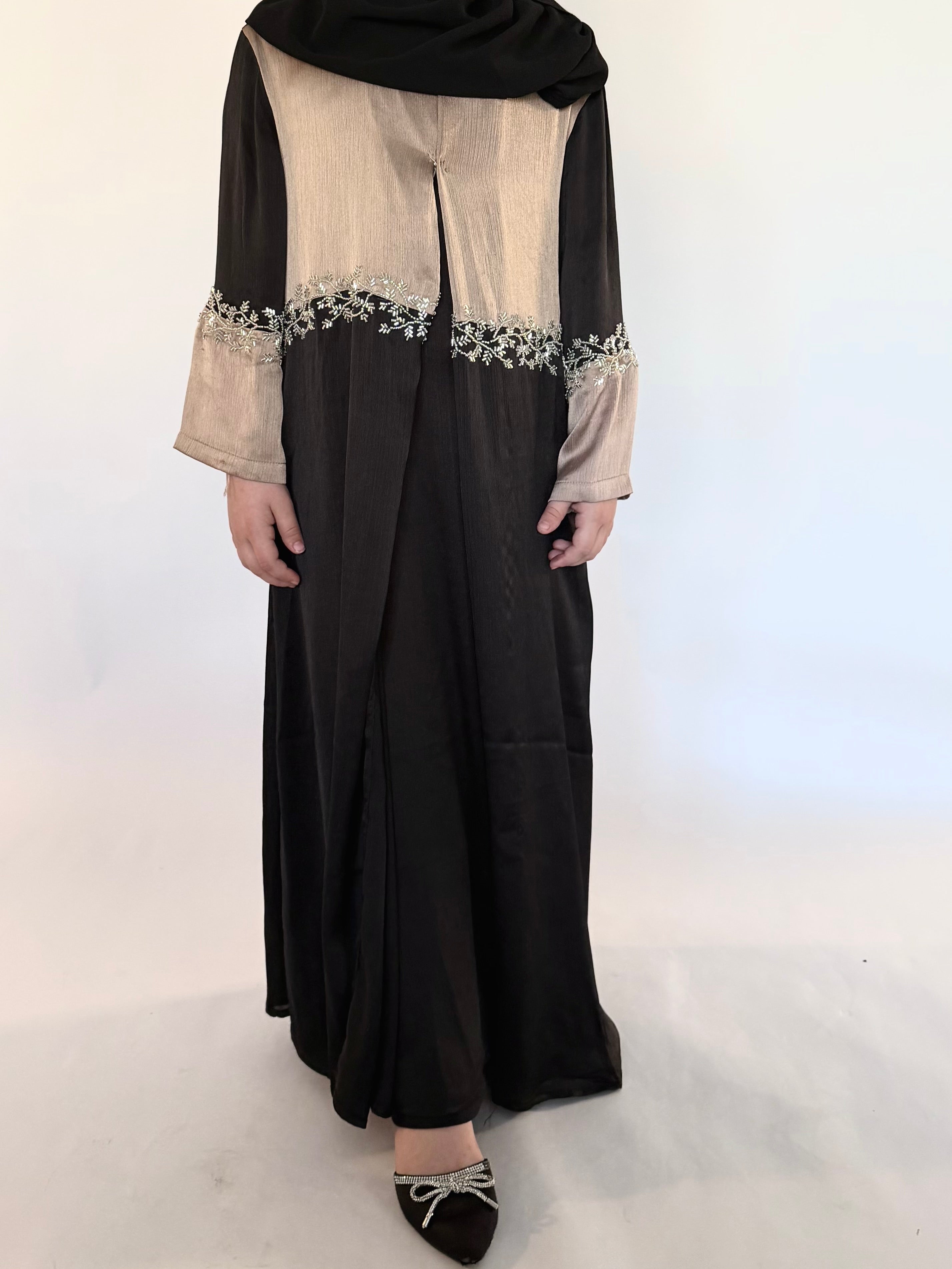Kids Two Piece Beaded Abaya - Black