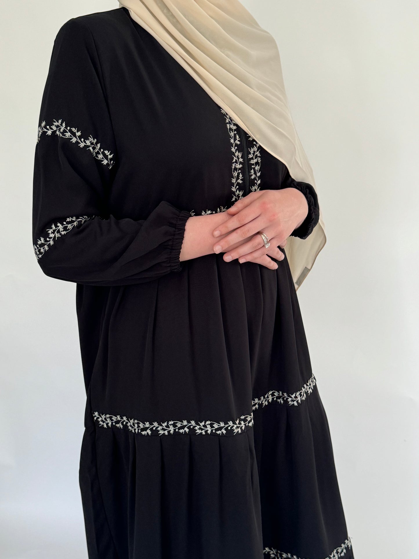 Three Tier Pleated Embroidered Dress - Black