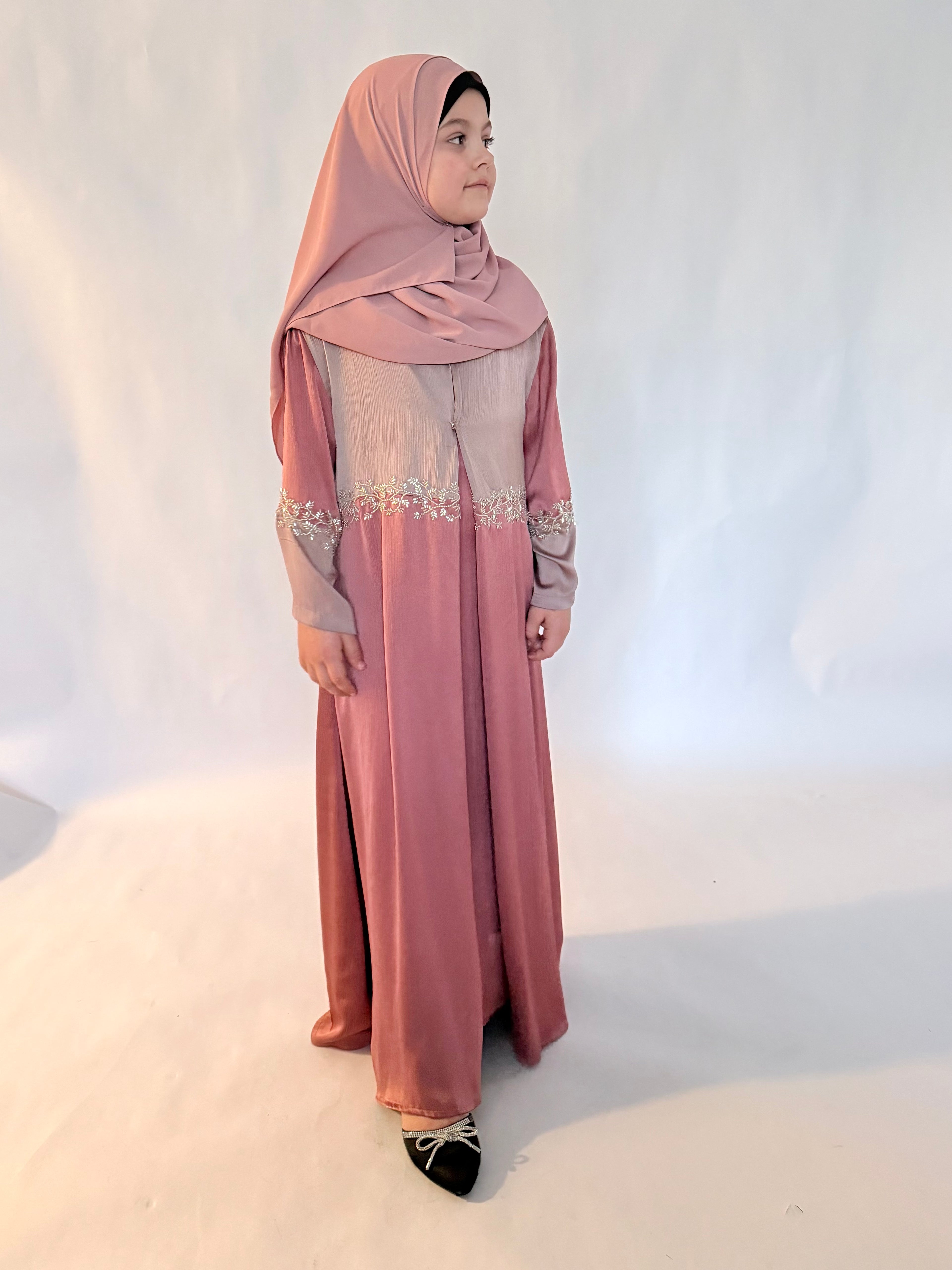 Kids Two Piece Beaded Abaya - Pink