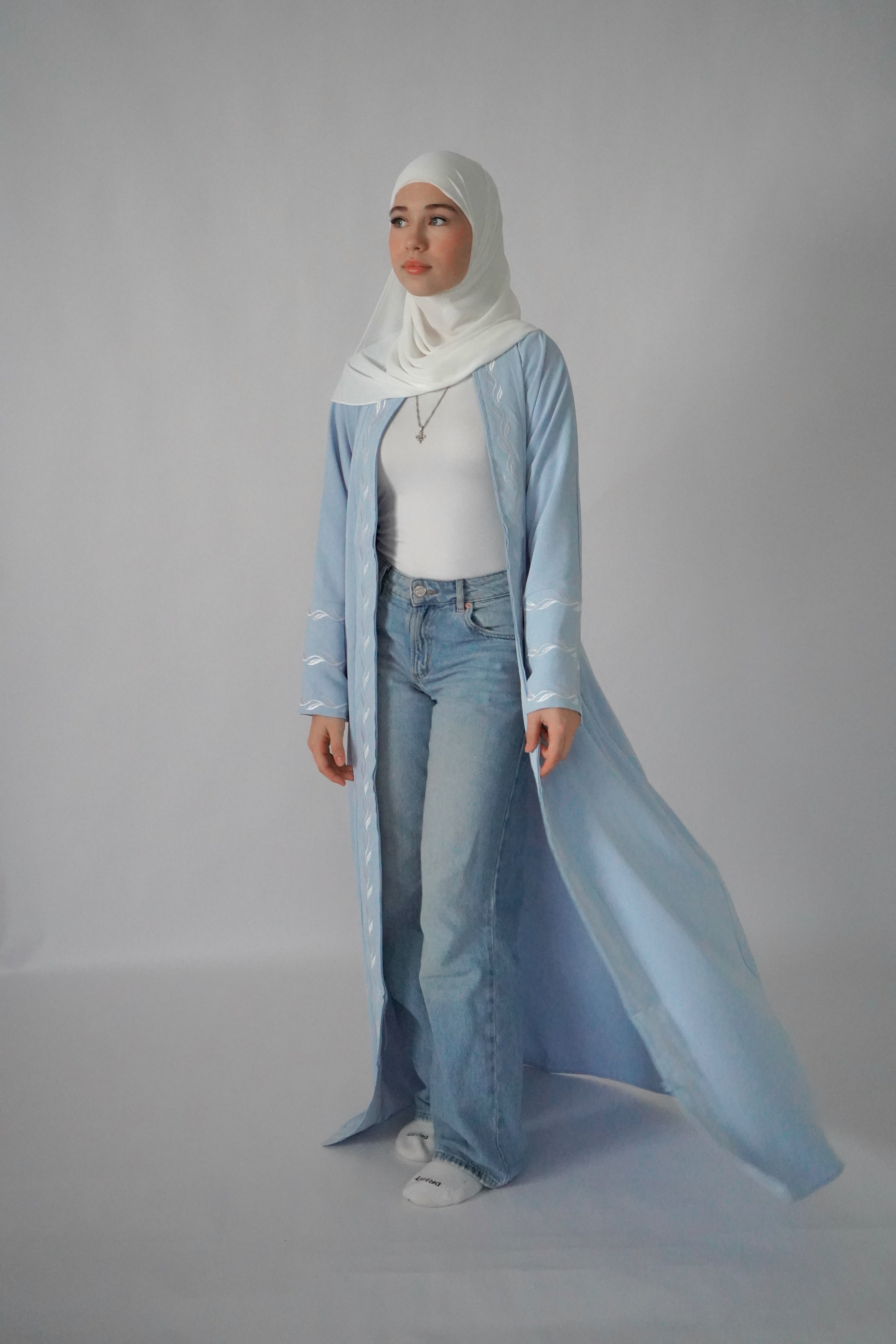 Zip Up Embroidery Abaya - Light Blue