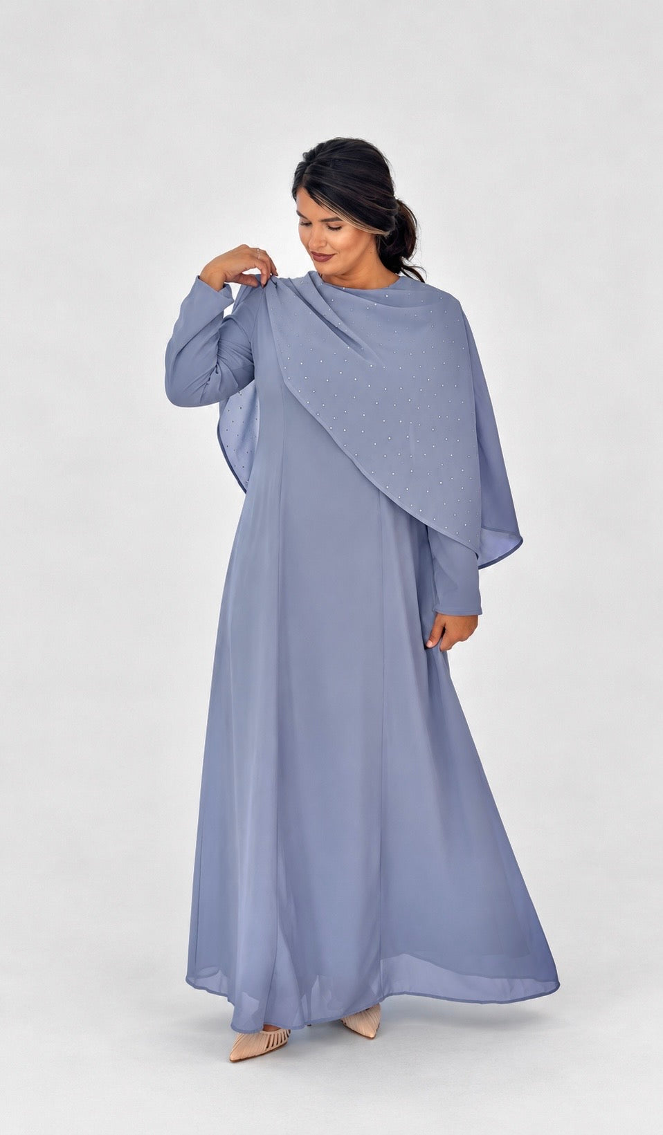Rhinestone Cape Chiffon Dress - Light Blue