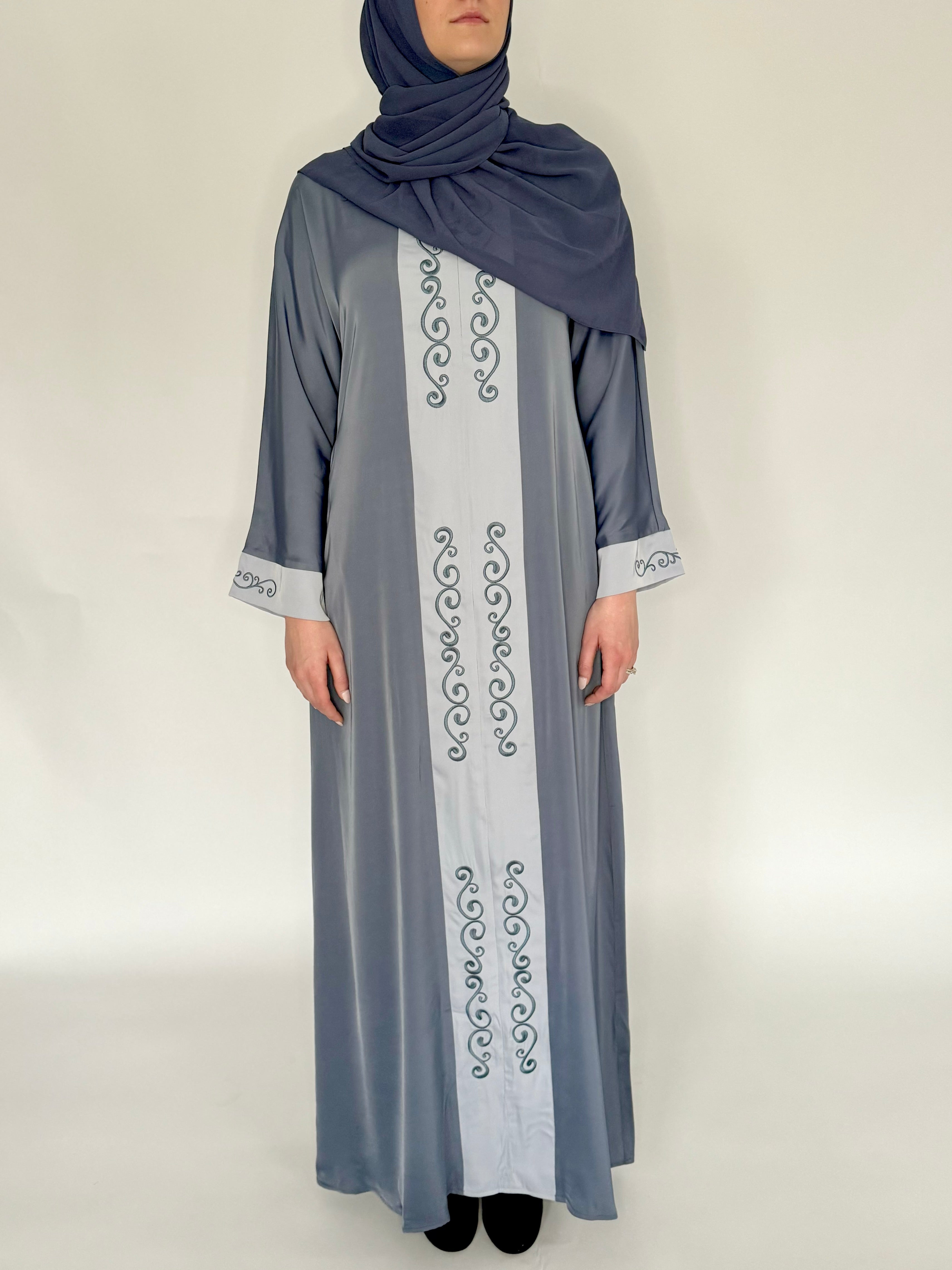 Zip Up Embroidery Abaya - Gray