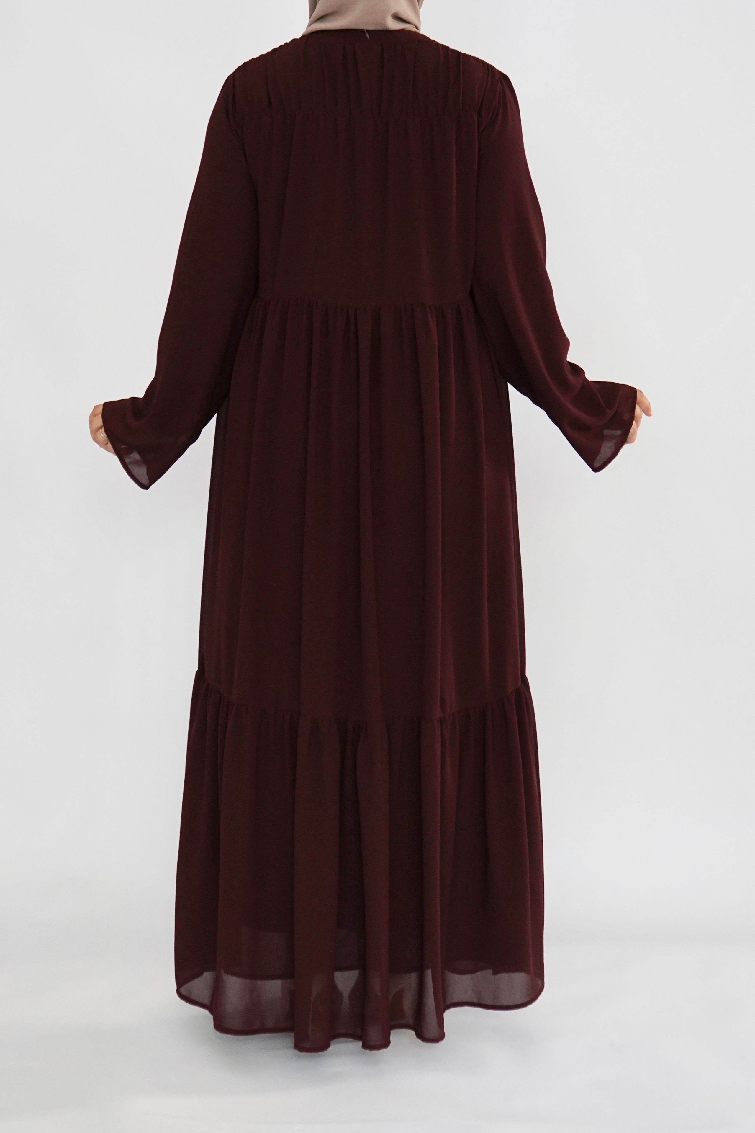 Two Piece Tiered Chiffon Abaya - Deep Maroon