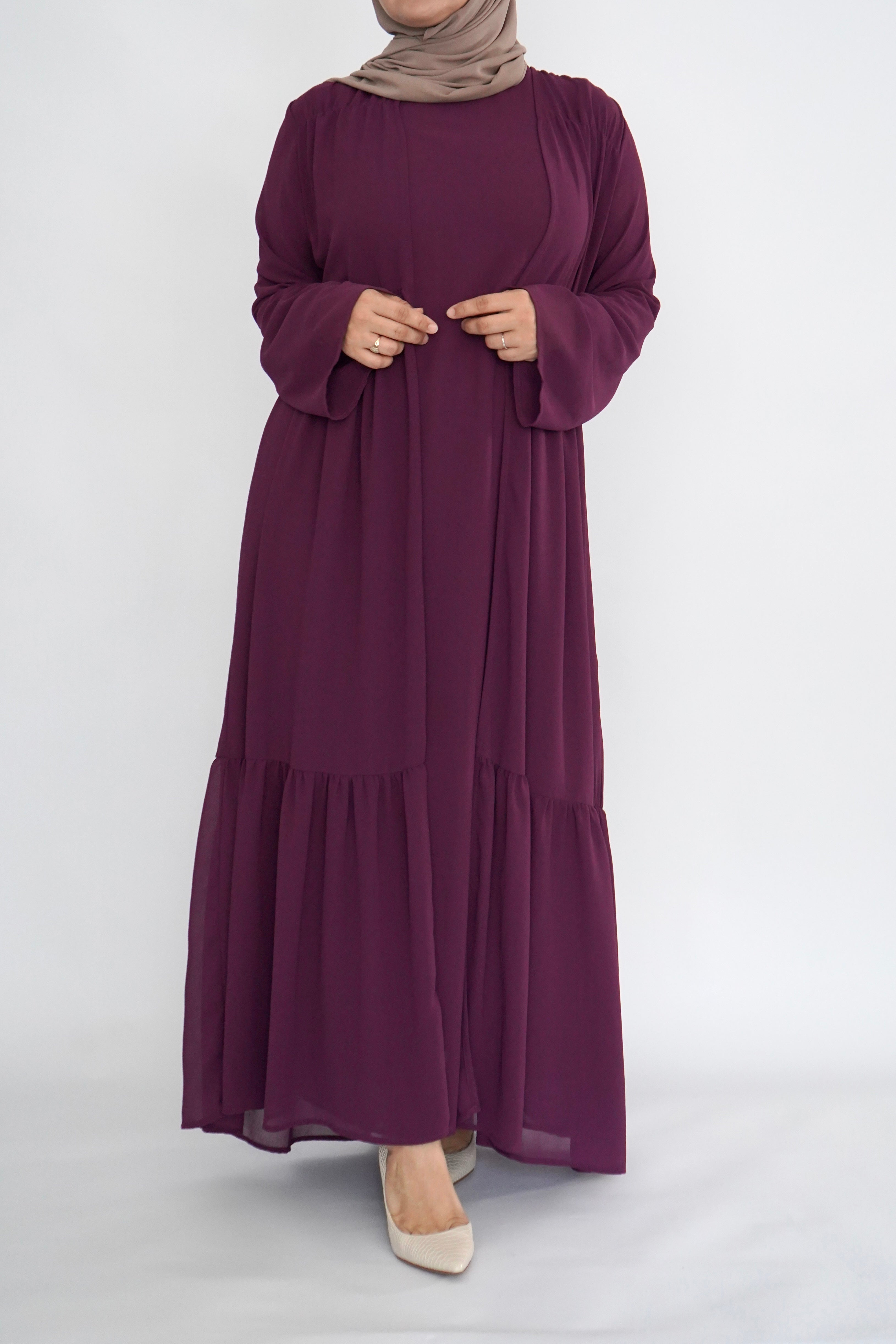 Two Piece Tiered Chiffon Abaya - Plum