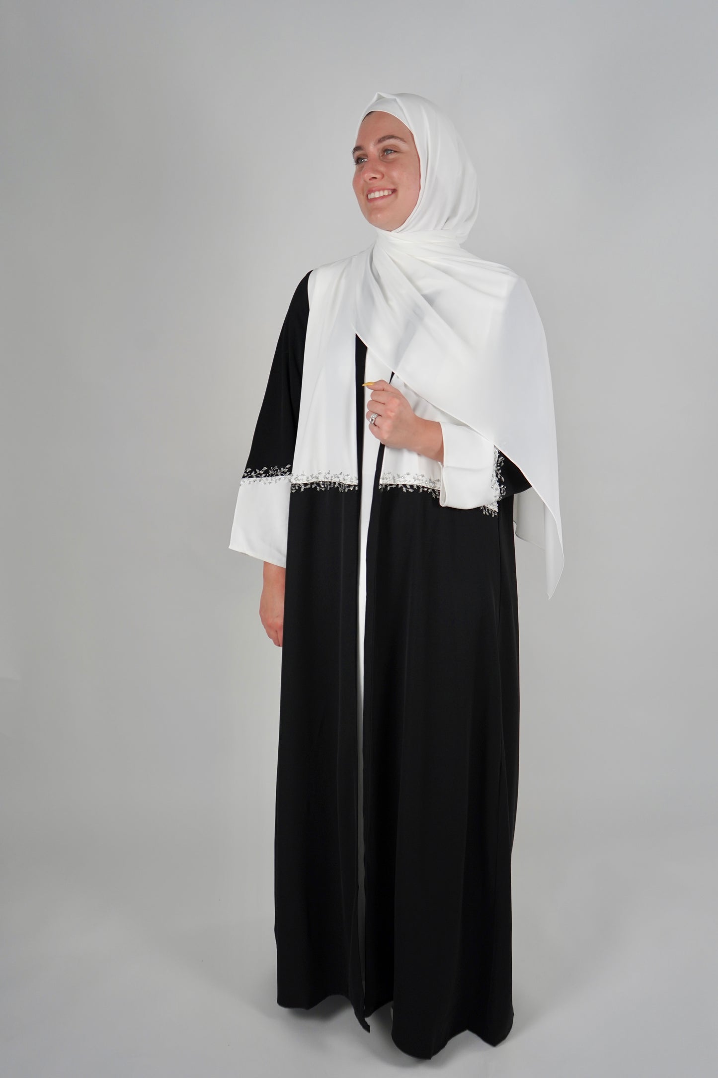 LUX Two Piece Open Front Embroidered Abaya - Black and White