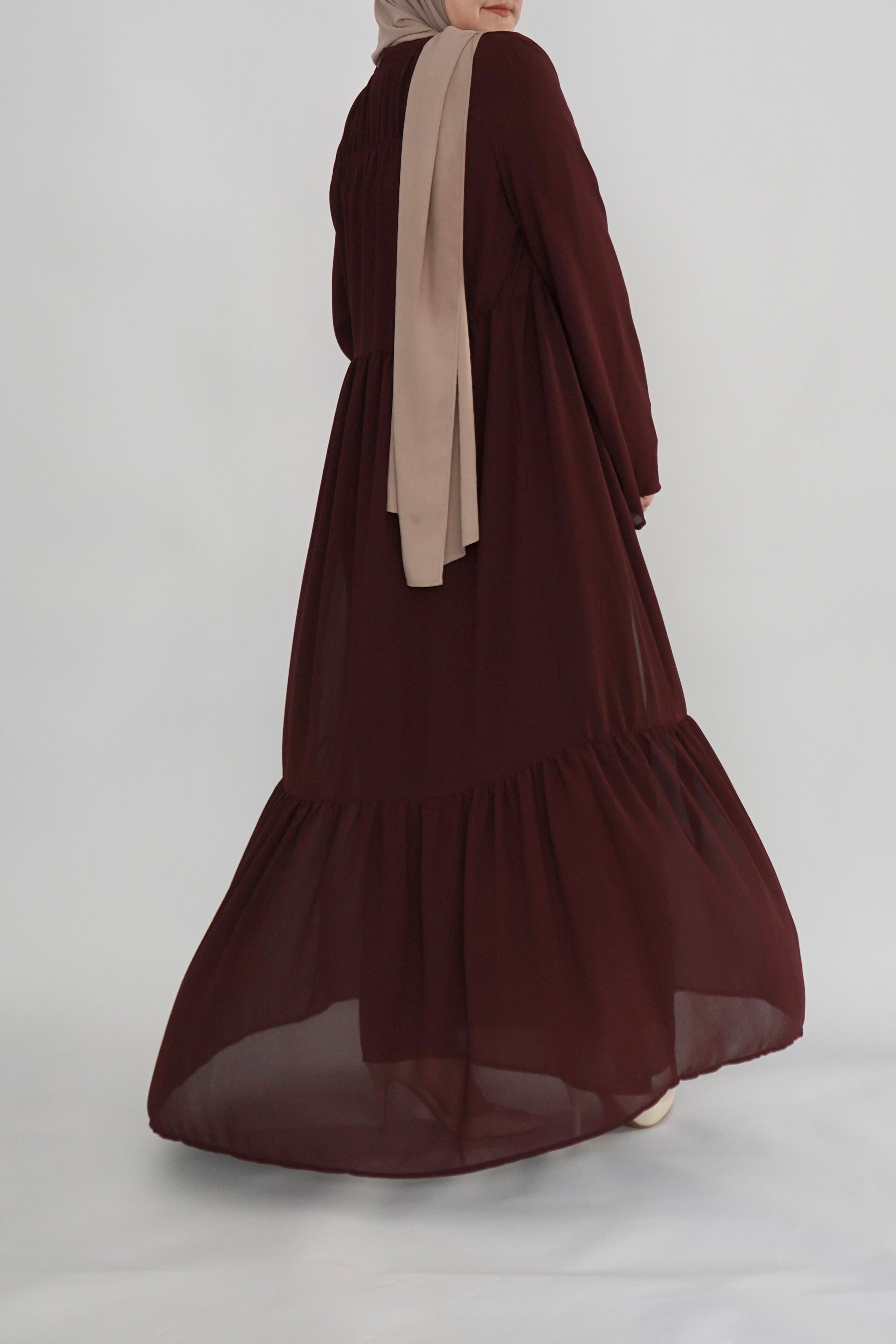 Two Piece Tiered Chiffon Abaya - Deep Maroon