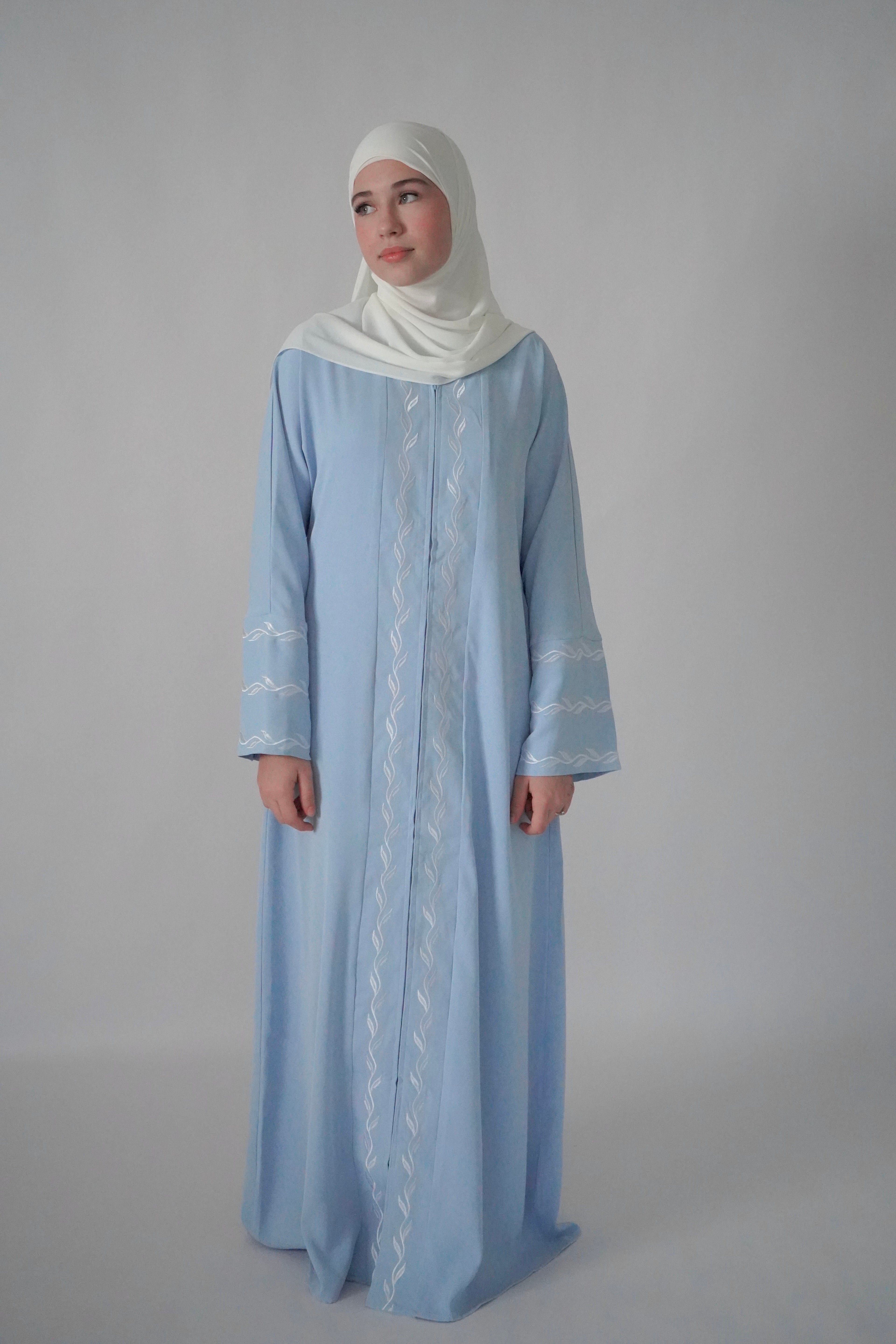 Zip Up Embroidery Abaya - Light Blue