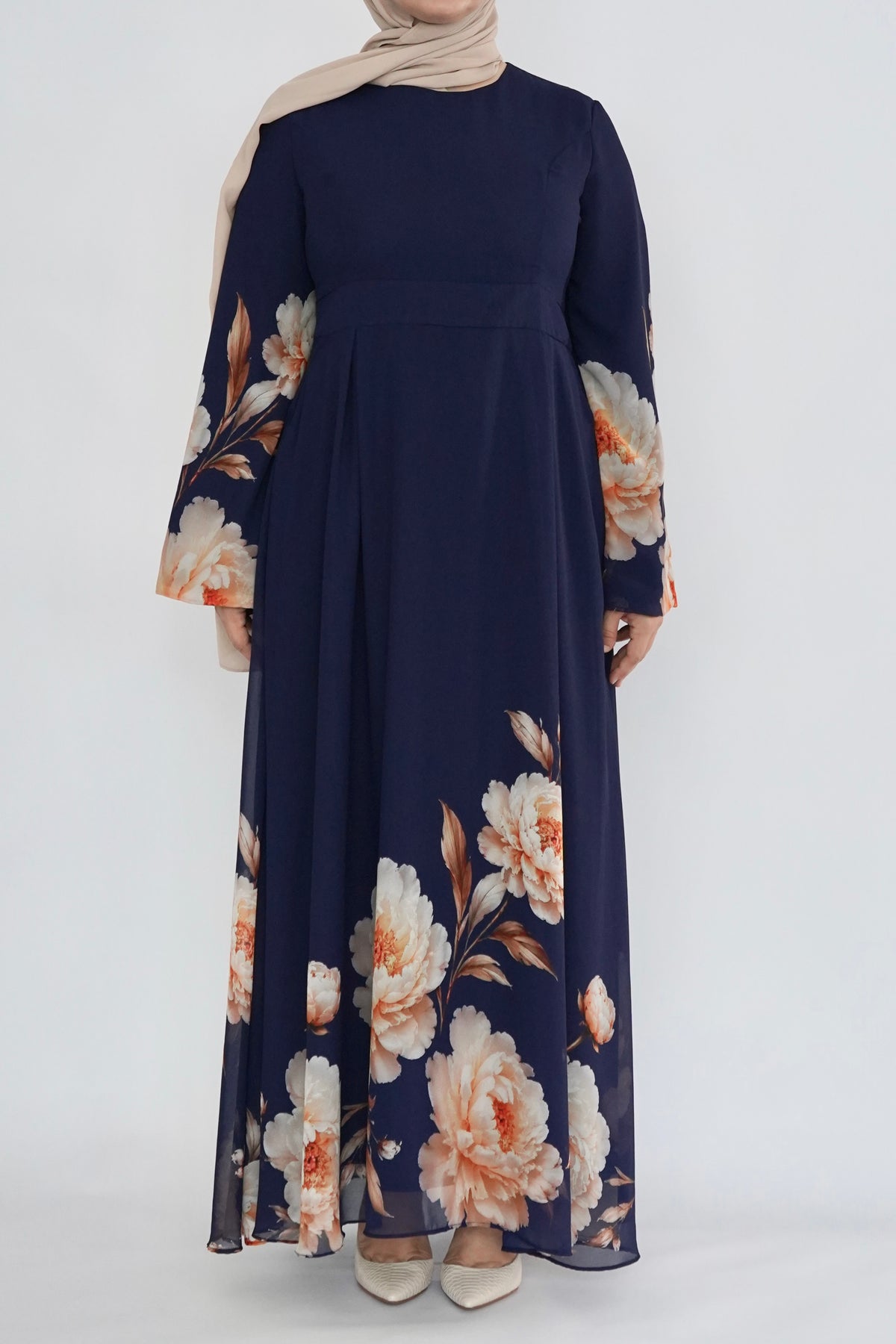 Navy Floral Print Dress - Chiffon
