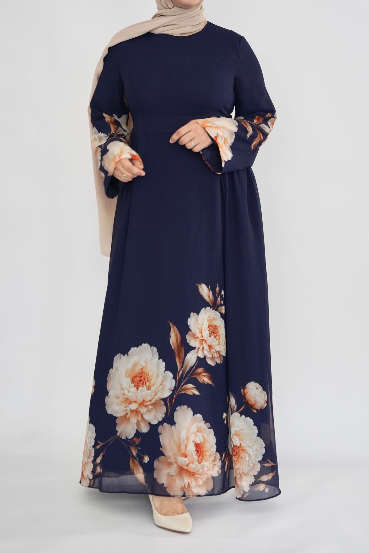 Navy Floral Print Dress - Chiffon
