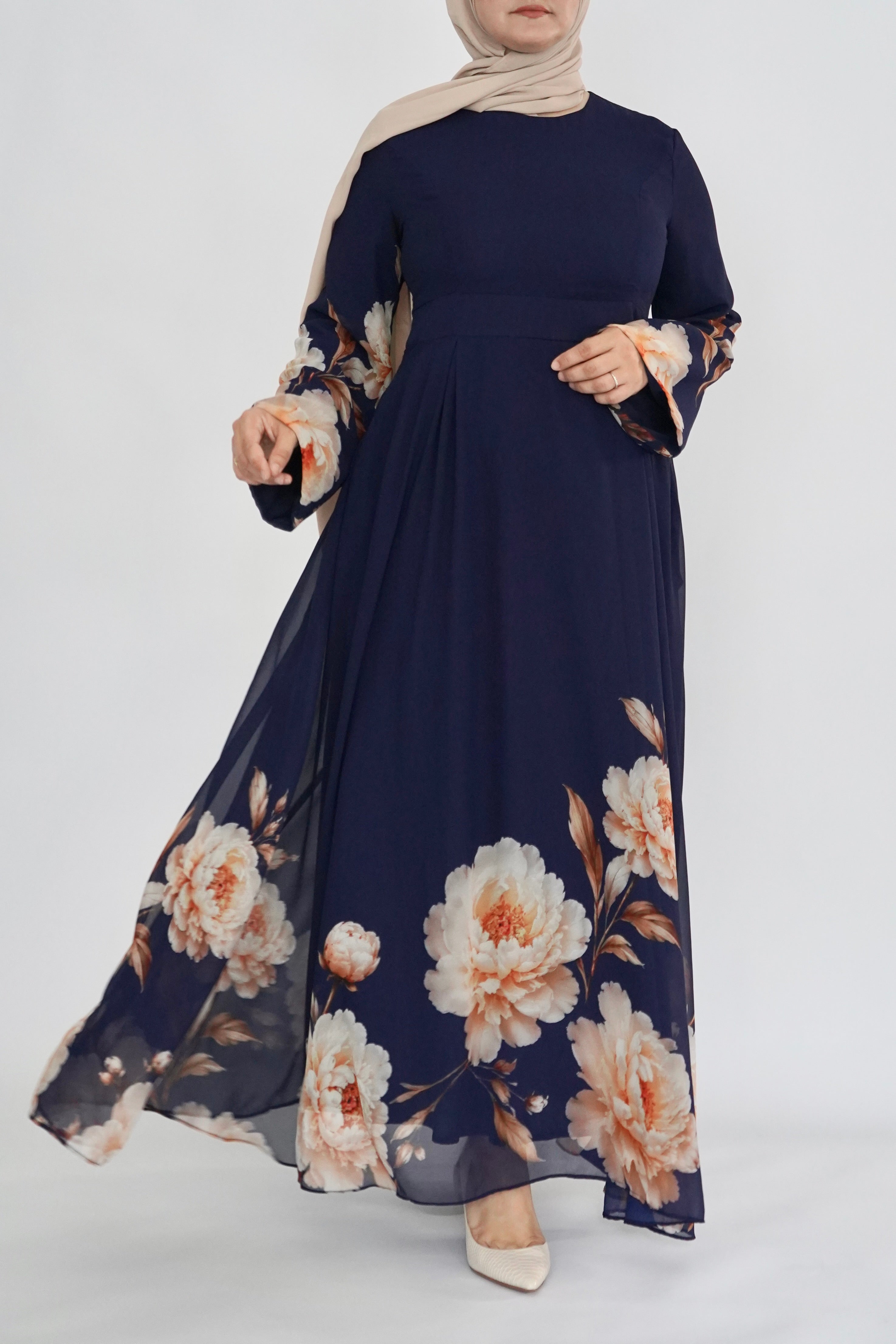 Navy Floral Print Dress - Chiffon