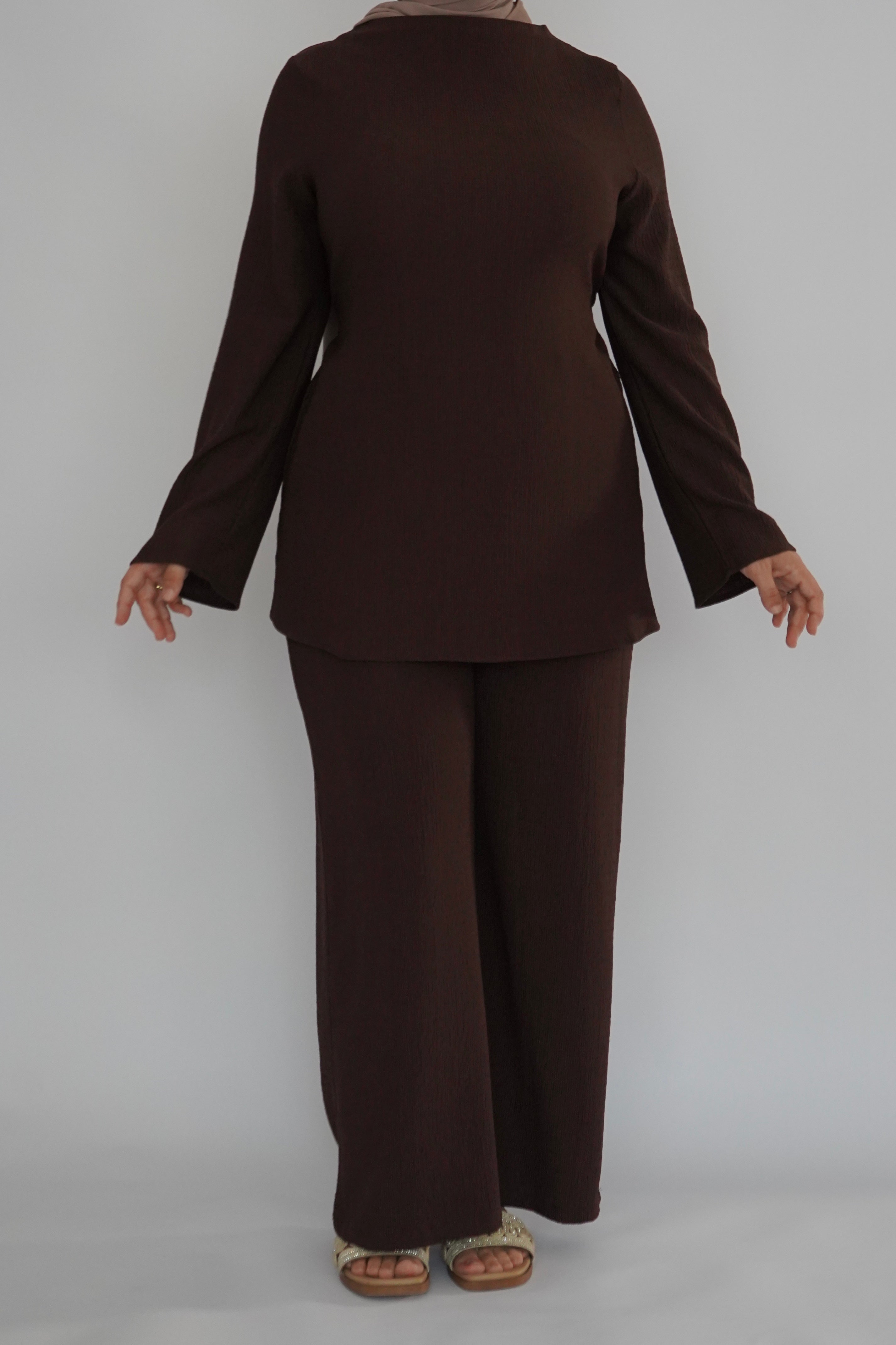 Textured Tunic & Pants Set - Espresso Brown