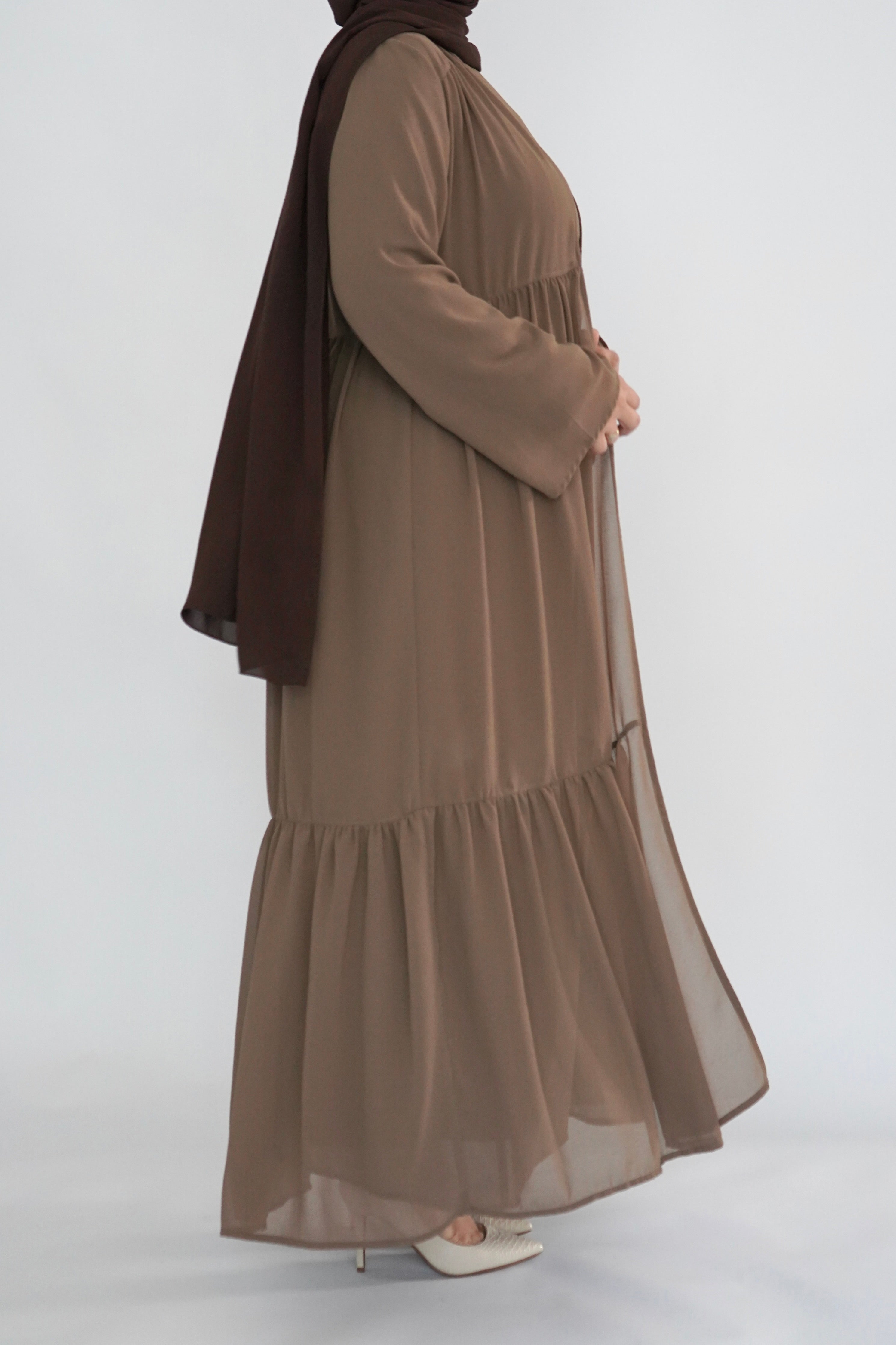Two Piece Tiered Chiffon Abaya - Toffee