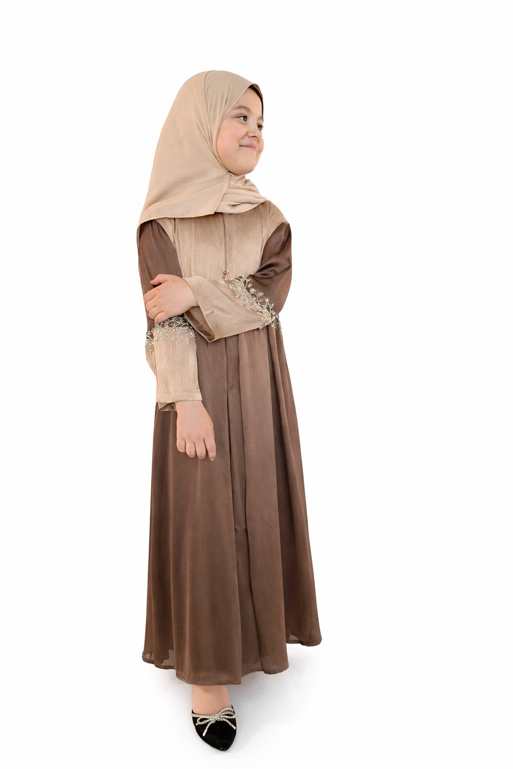 Kids Two Piece Beaded Abaya - Brown