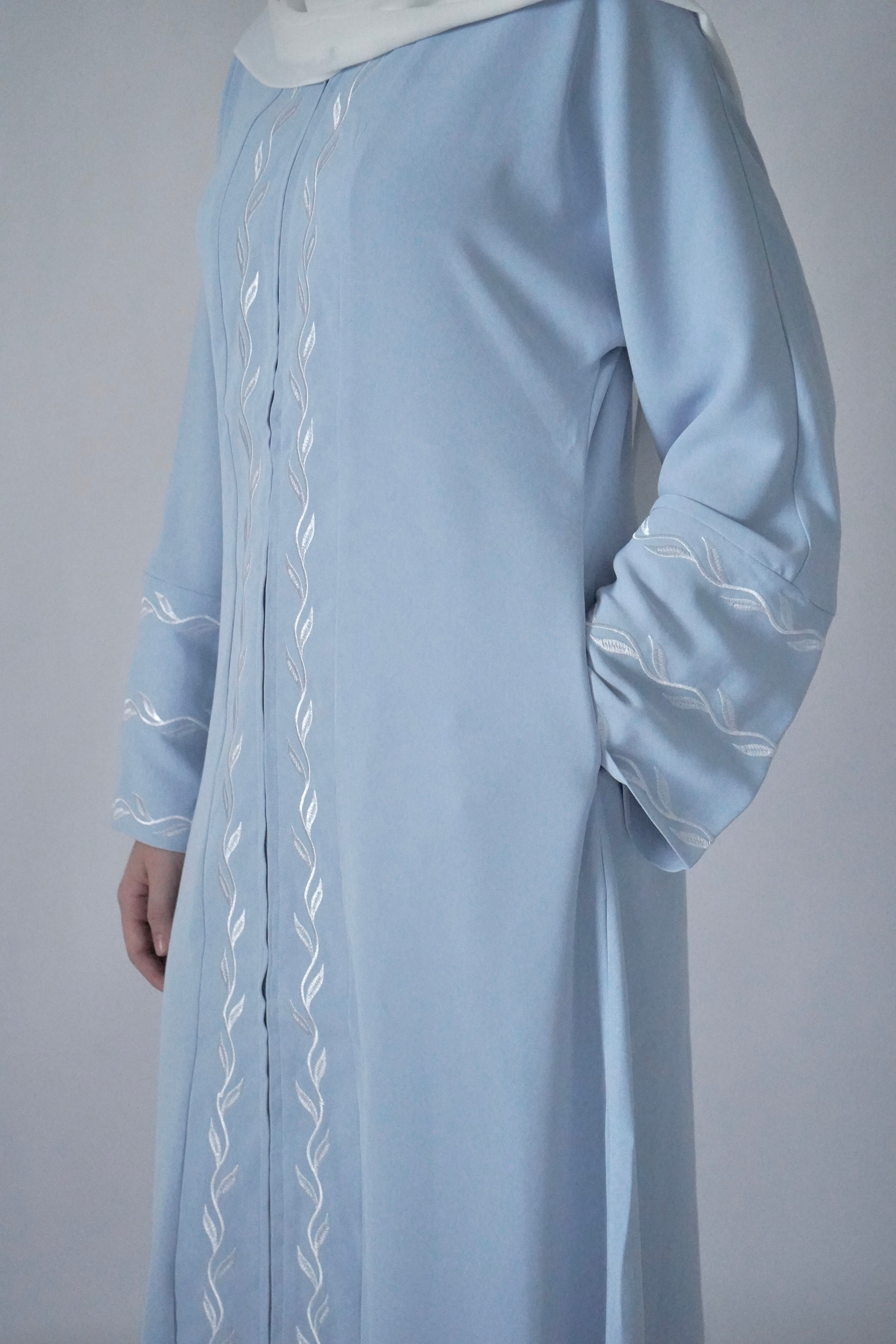 Zip Up Embroidery Abaya - Light Blue