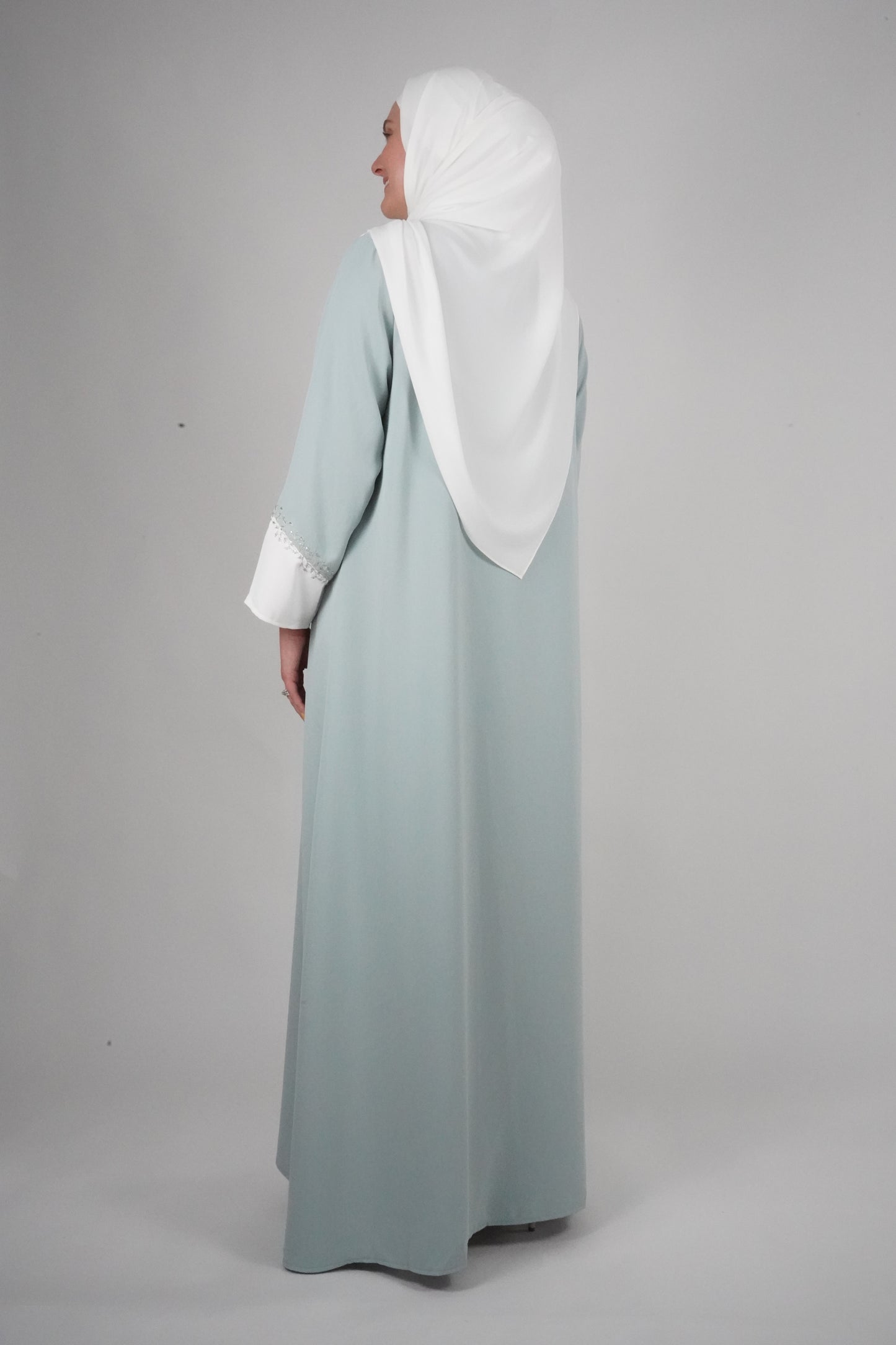 LUX Two Piece Open Front Embroidered Abaya - Mint Green and White