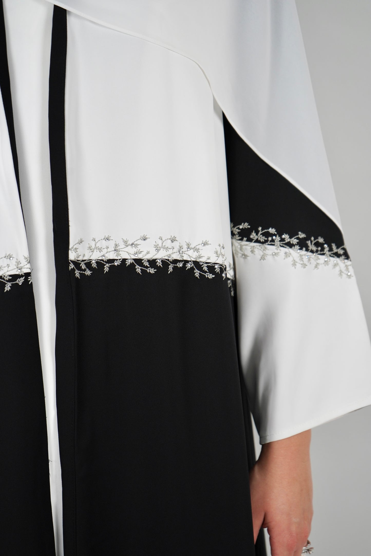 LUX Two Piece Open Front Embroidered Abaya - Black and White