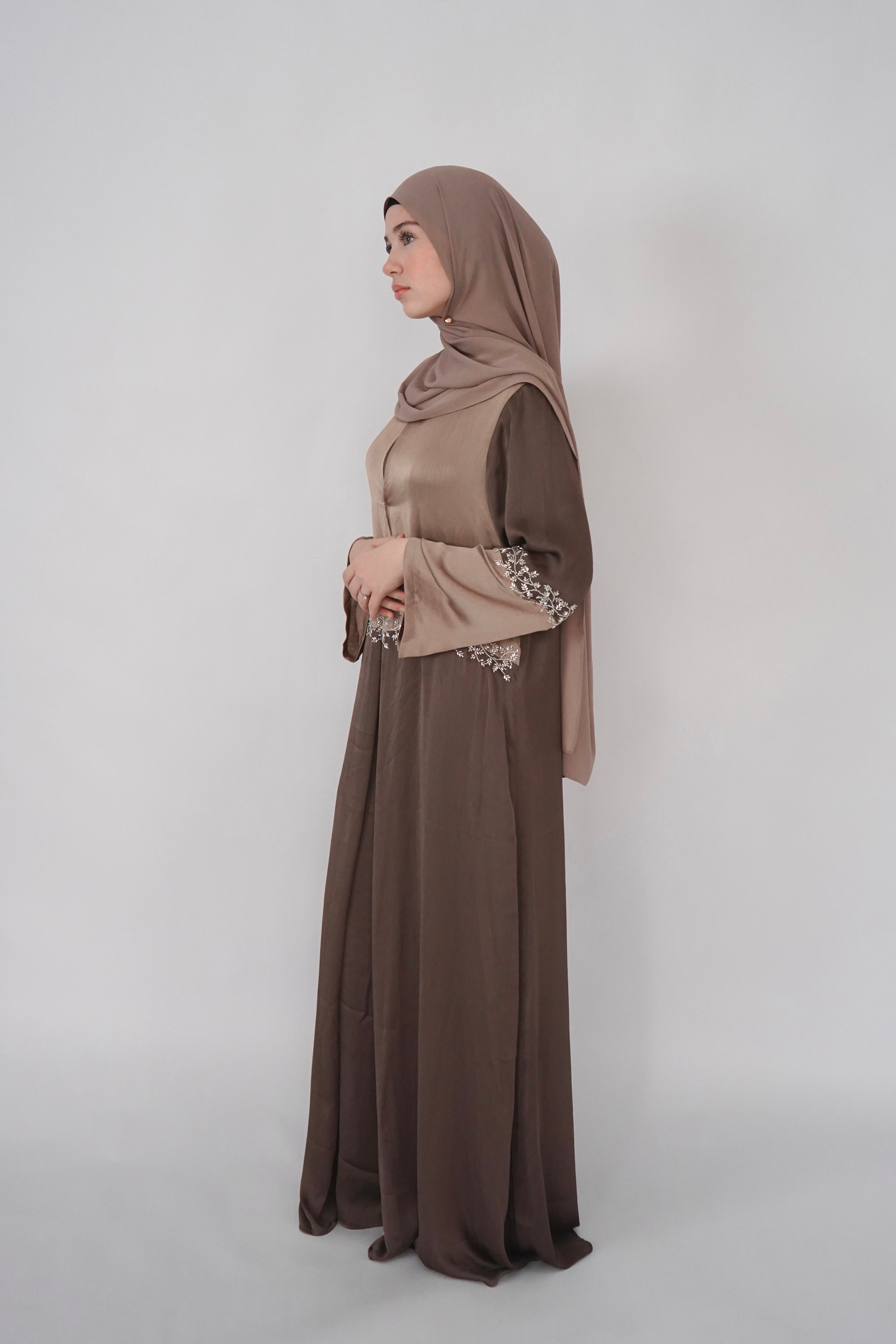 Two Piece Beaded Abaya - Brown