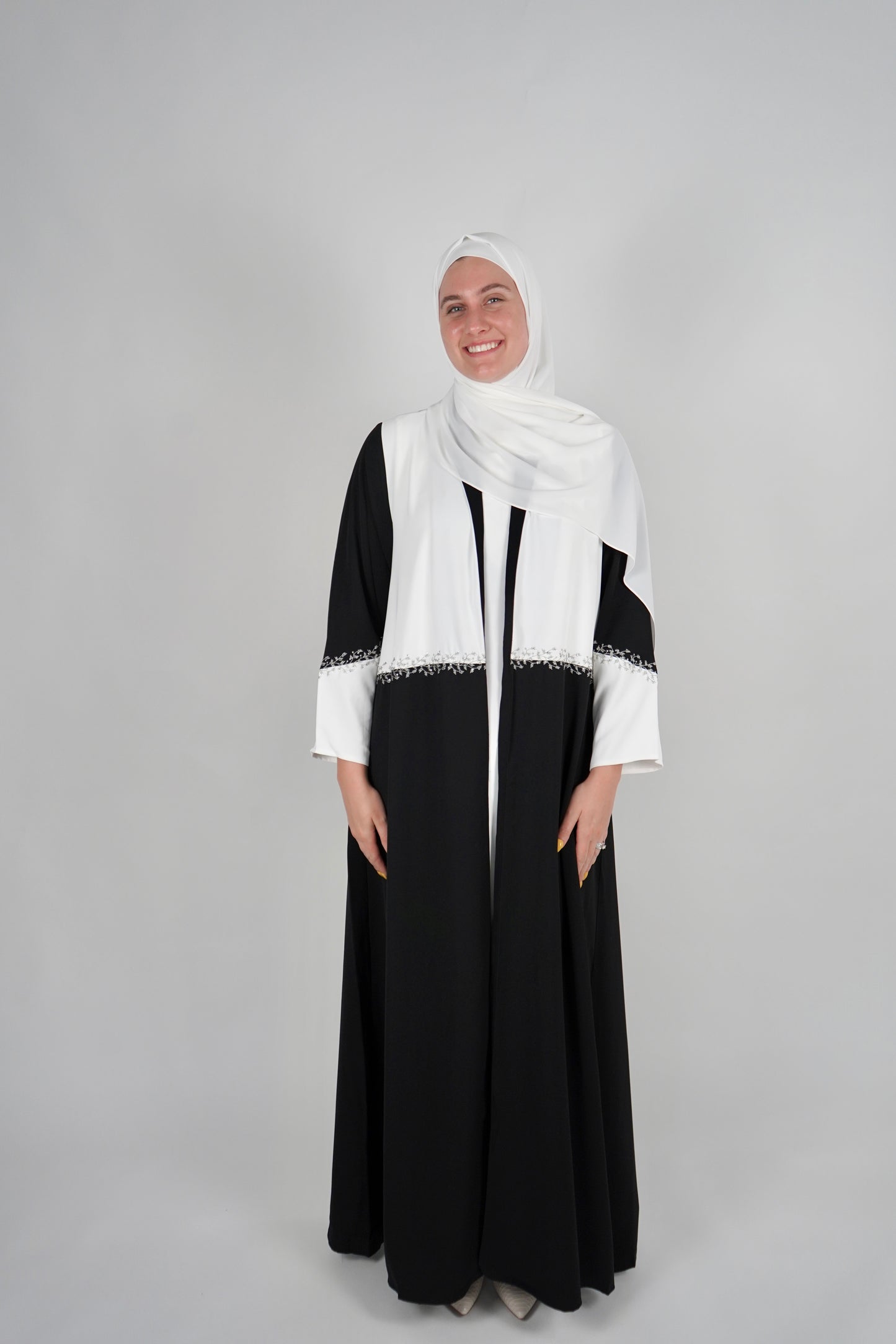 LUX Two Piece Open Front Embroidered Abaya - Black and White