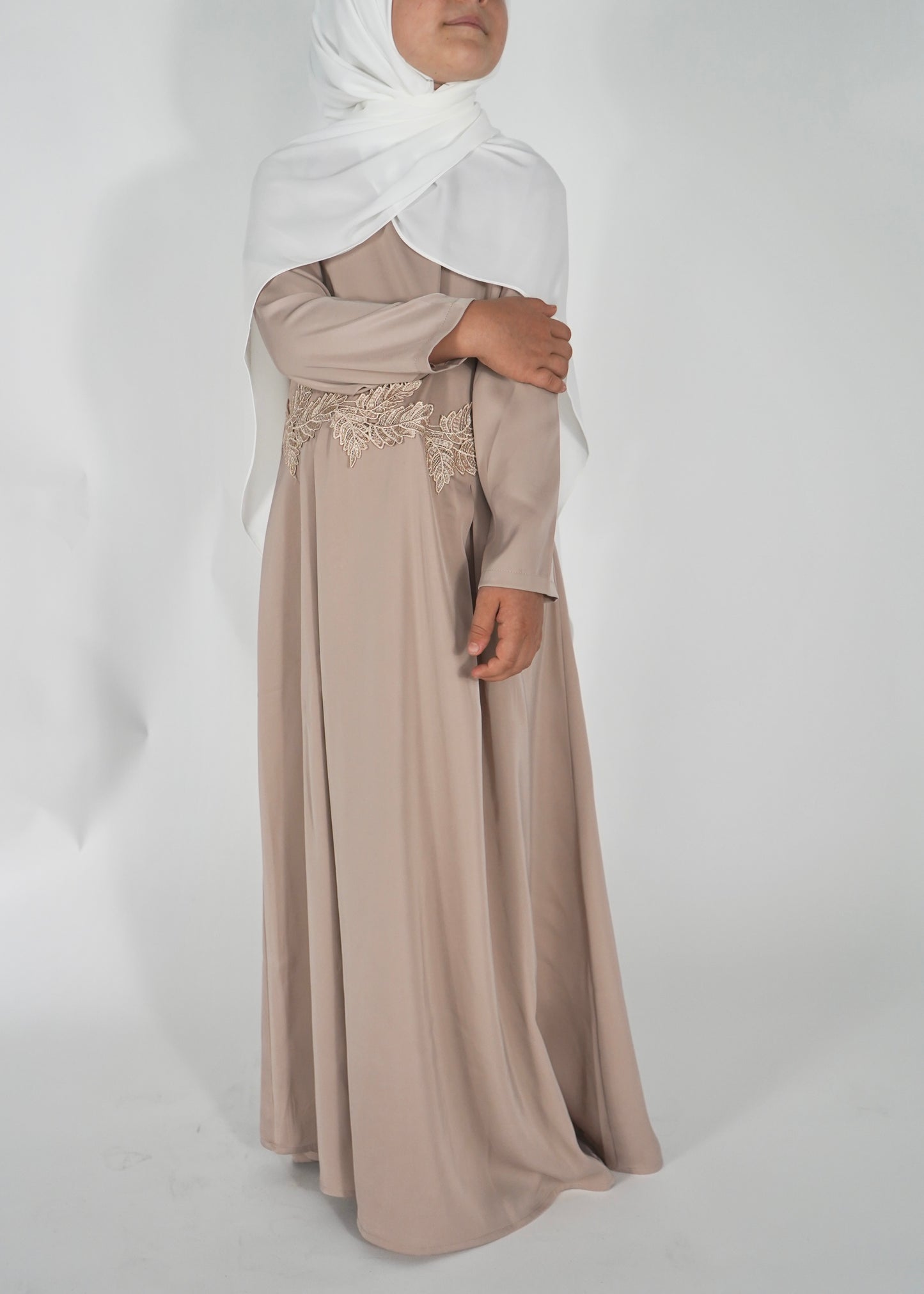 Kids Satin Abaya with Belt - Beige
