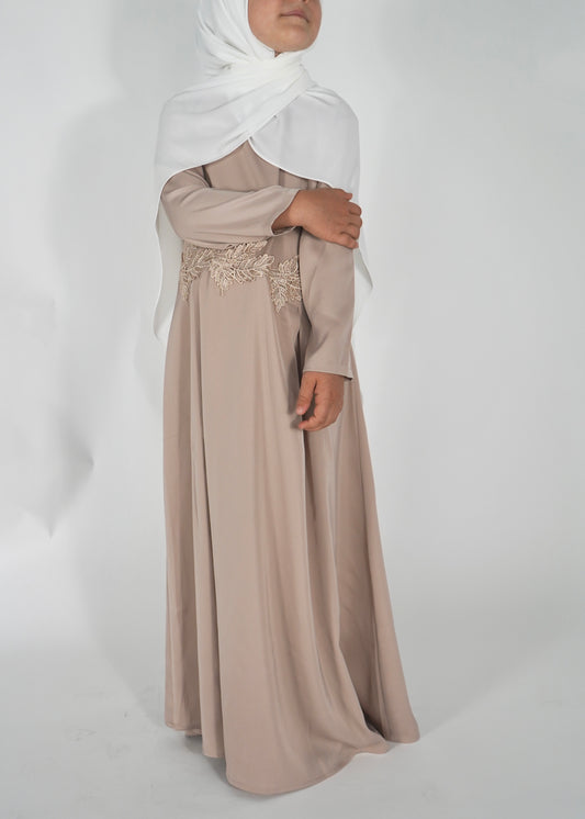 Kids Satin Abaya with Belt - Beige
