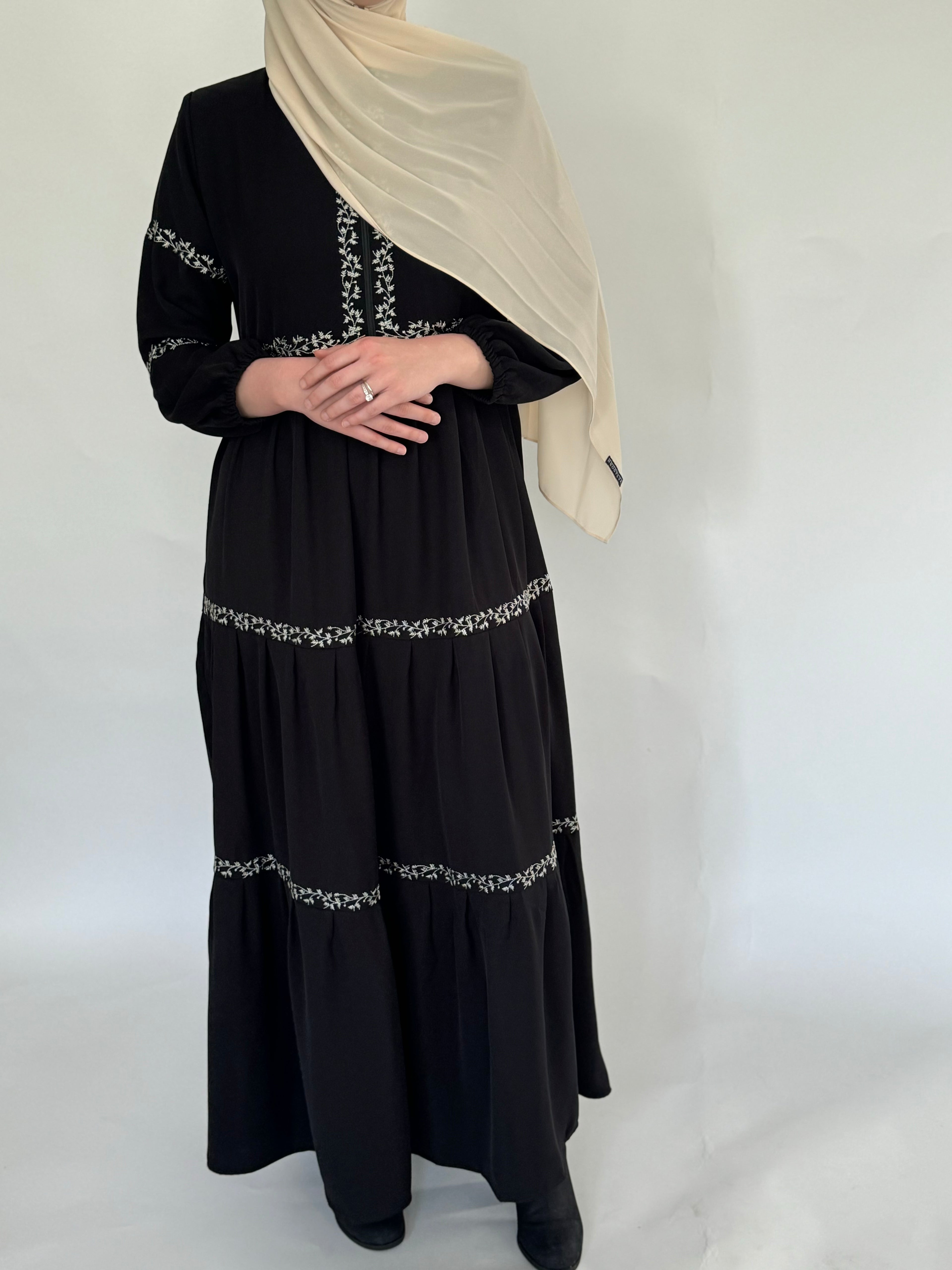 Three Tier Pleated Embroidered Dress - Black