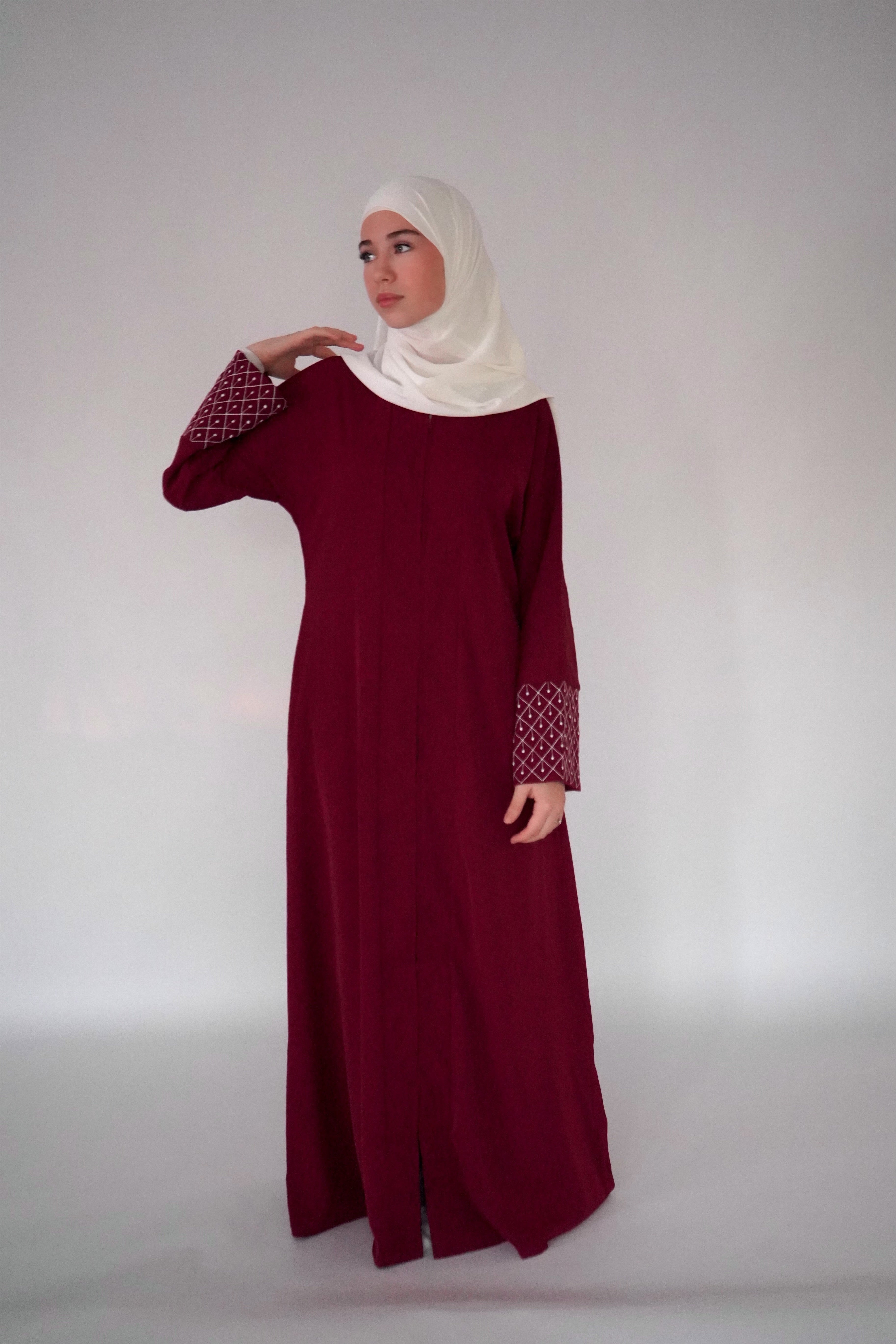 Zip Up Embroidery Abaya - Maroon