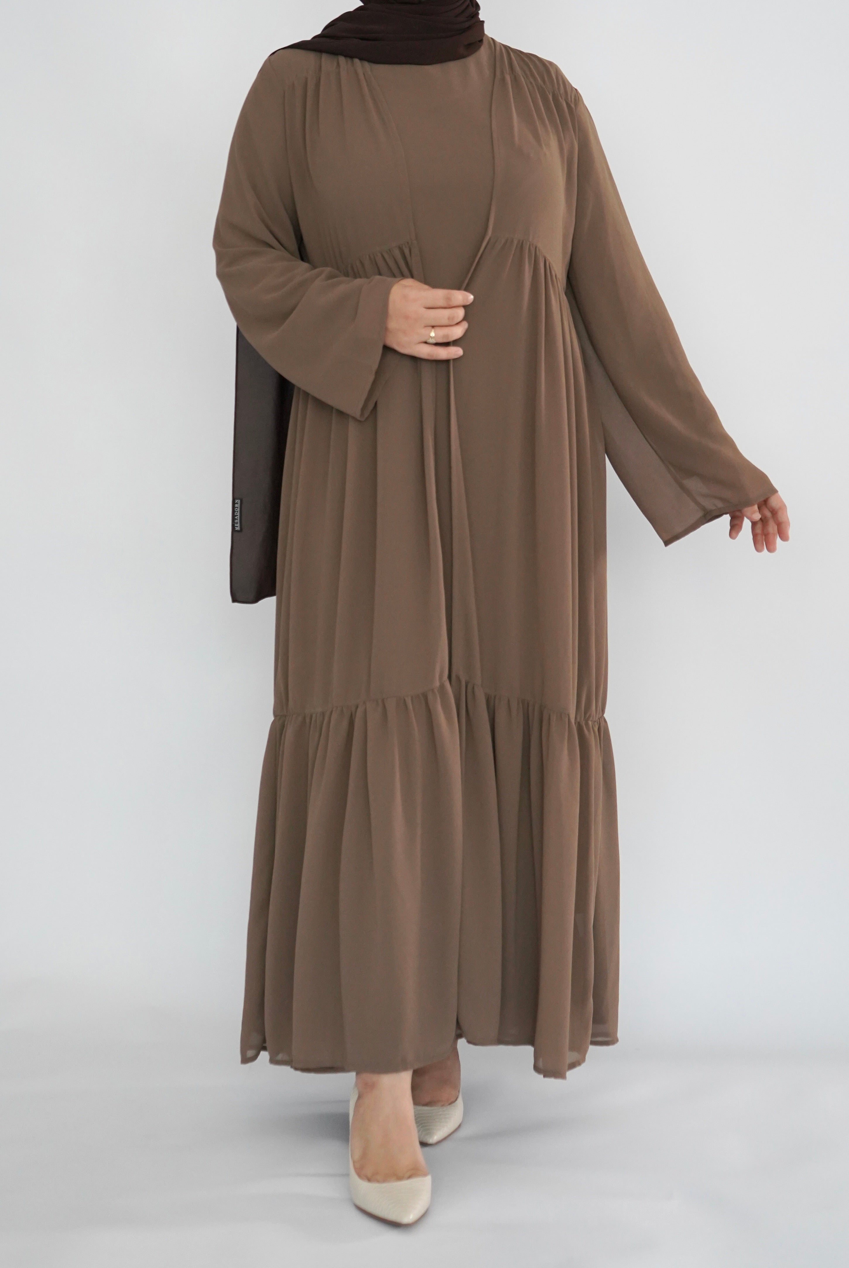 Two Piece Tiered Chiffon Abaya - Toffee