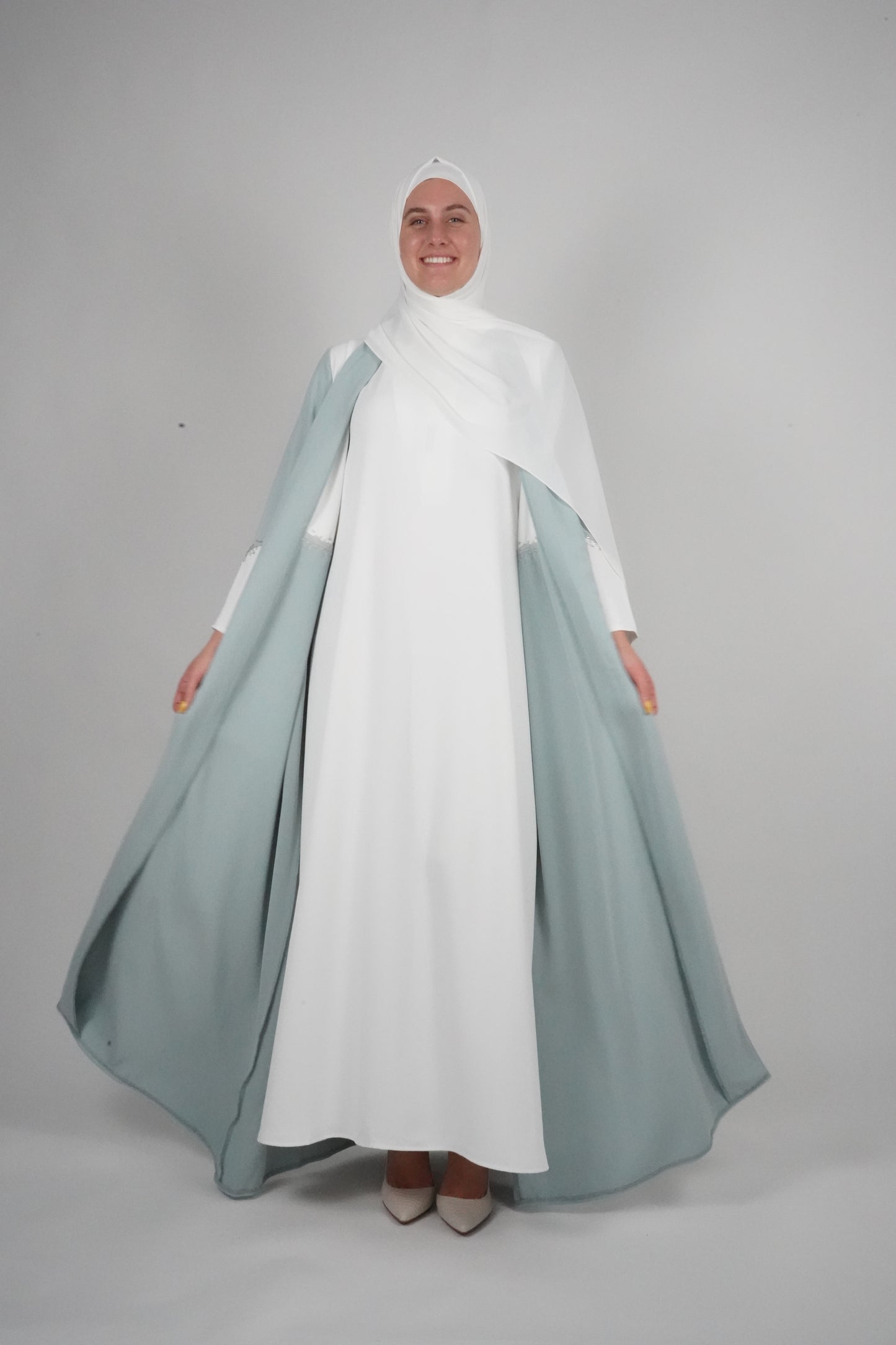 LUX Two Piece Open Front Embroidered Abaya - Mint Green and White