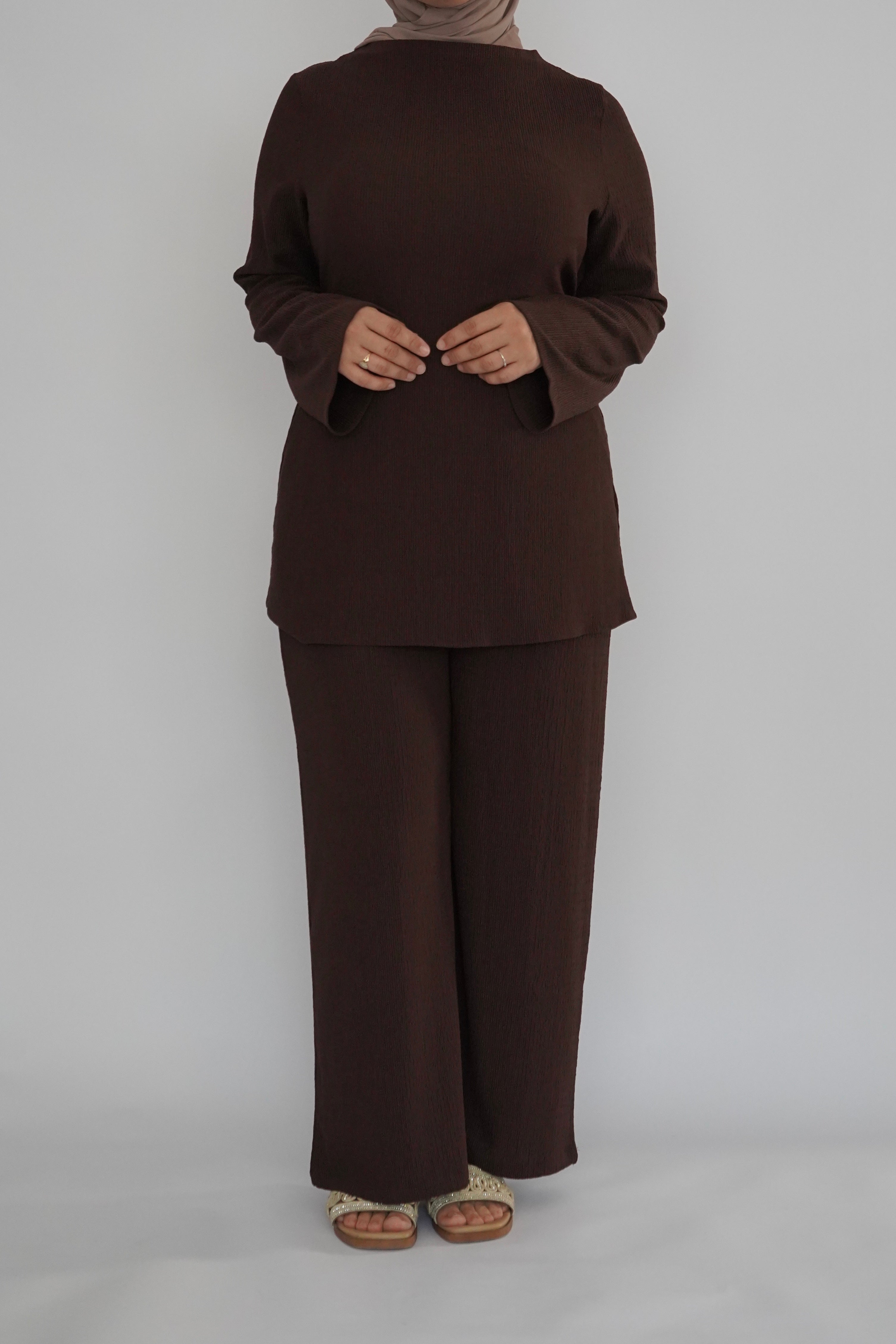 Textured Tunic & Pants Set - Espresso Brown