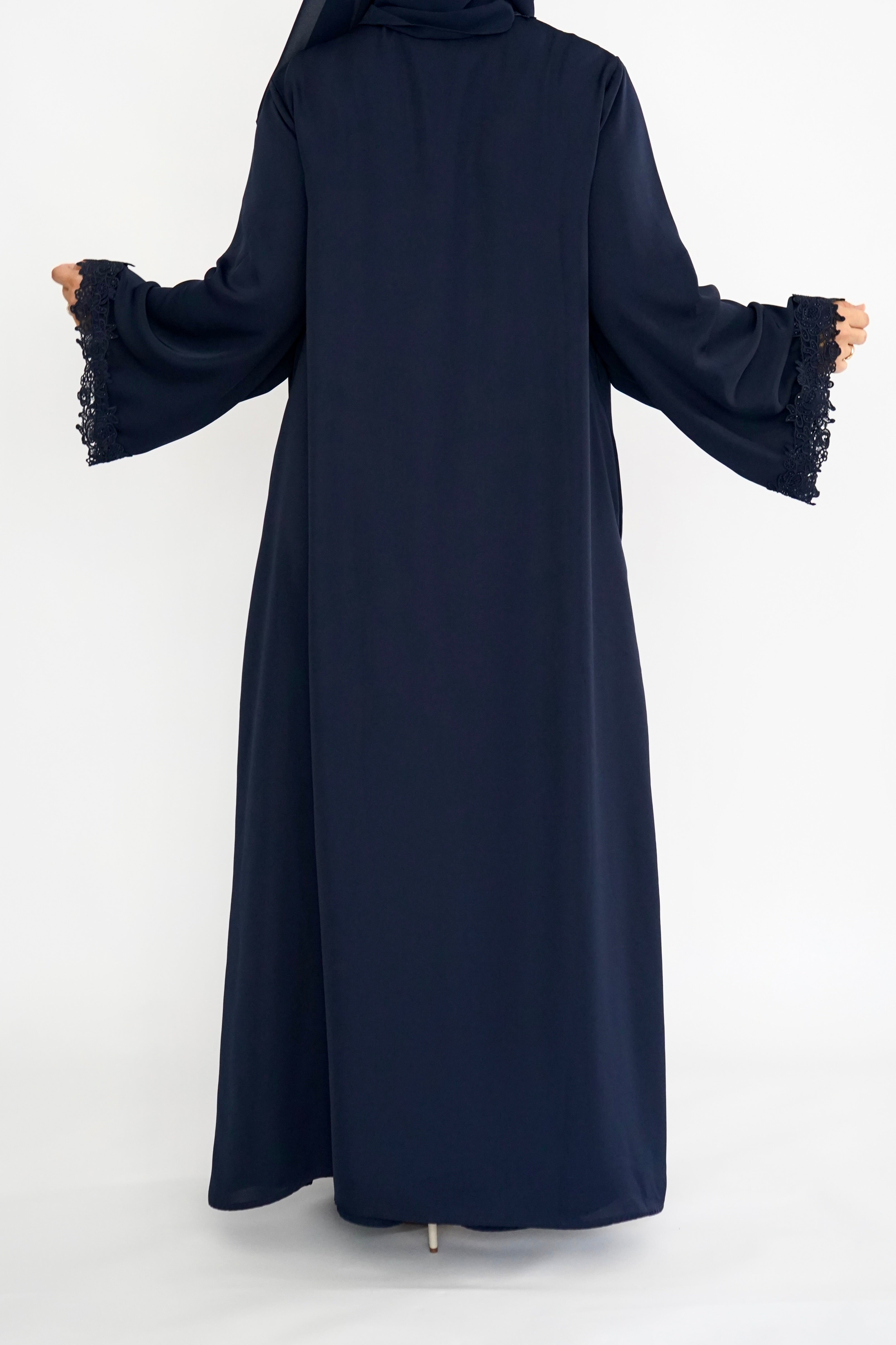 LUX 3 Piece Open Front Lace Abaya - Navy