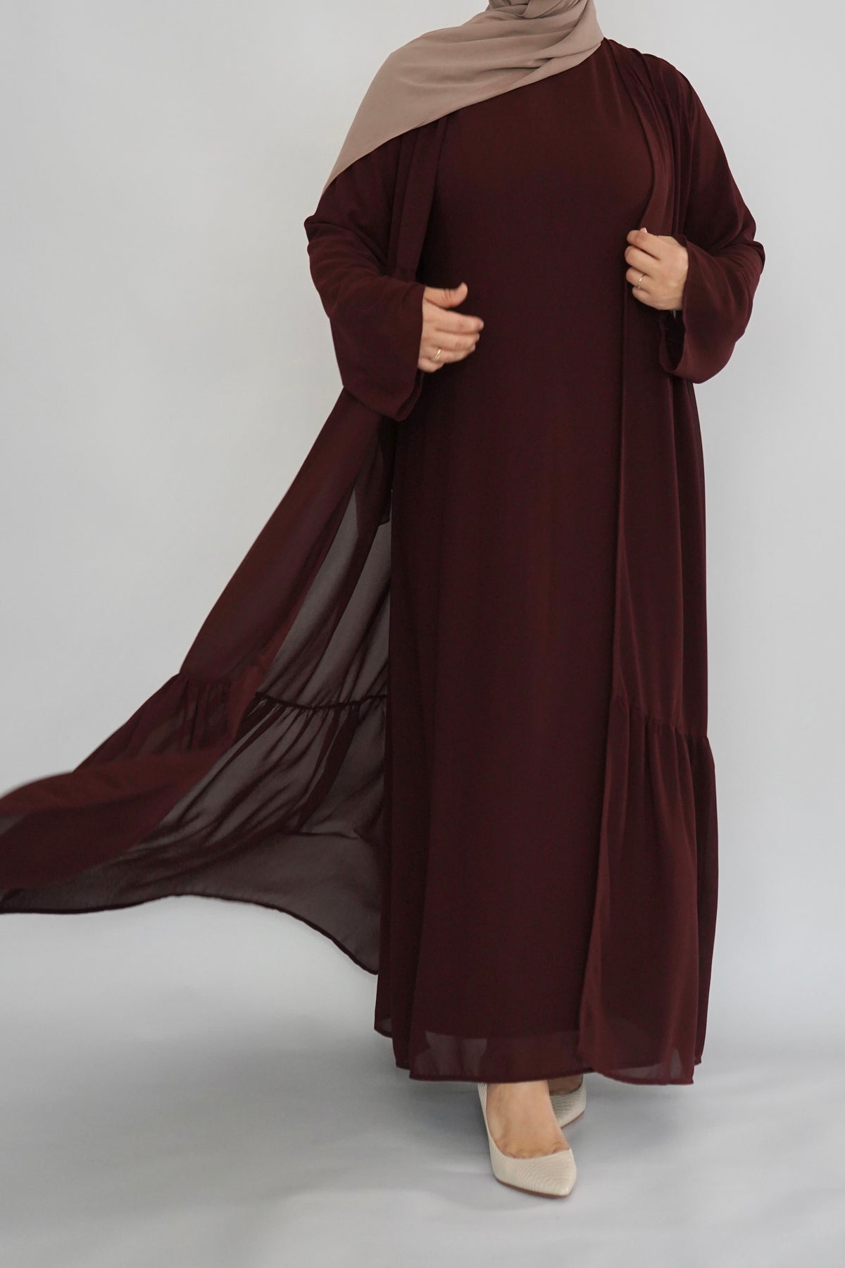 Two Piece Tiered Chiffon Abaya - Deep Maroon